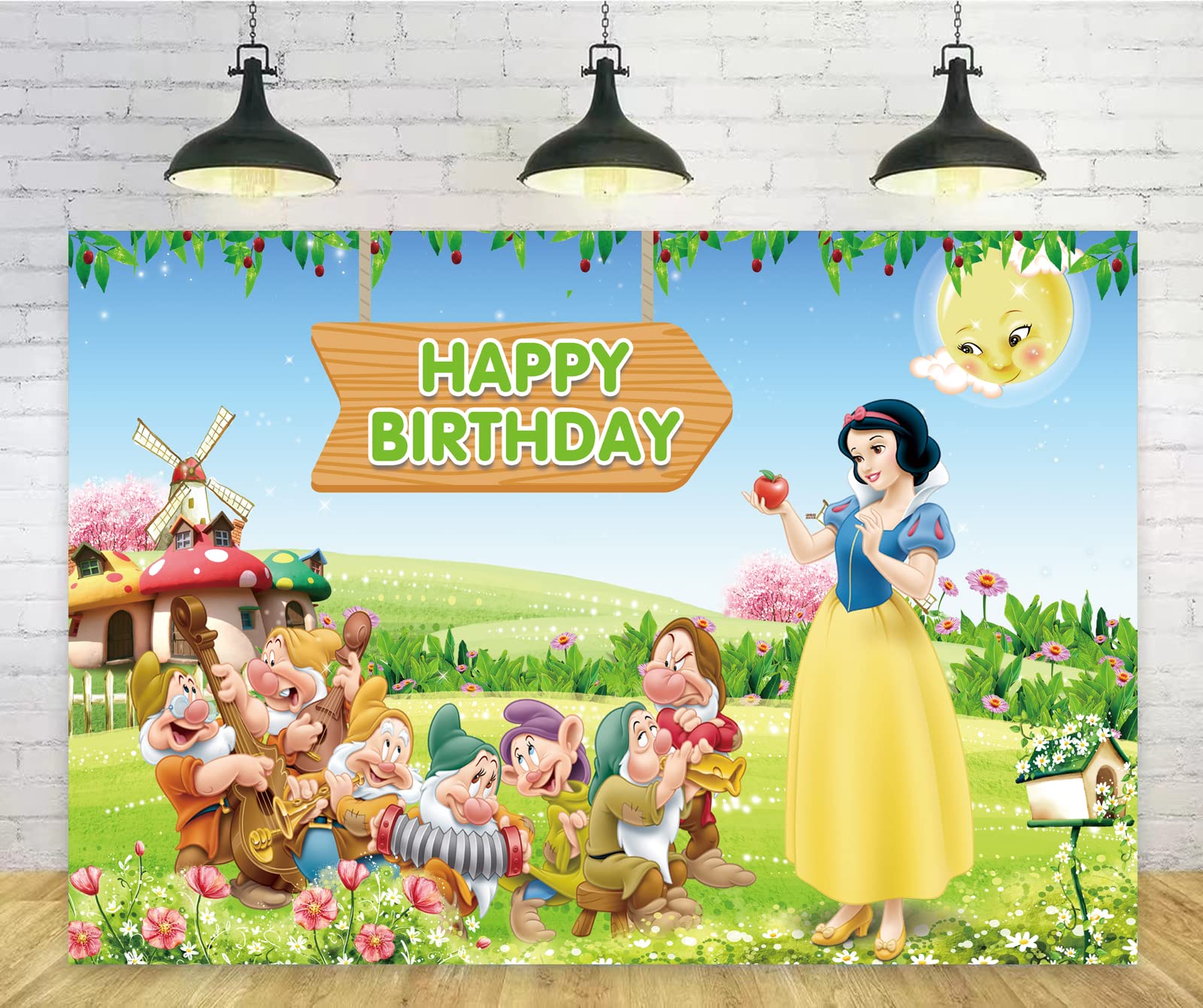Snow White Theme Birthday Party Supplies: 59x37in Photo Backdrop for Princess Birthday, Baby Shower and Photo Shoots, with Banner