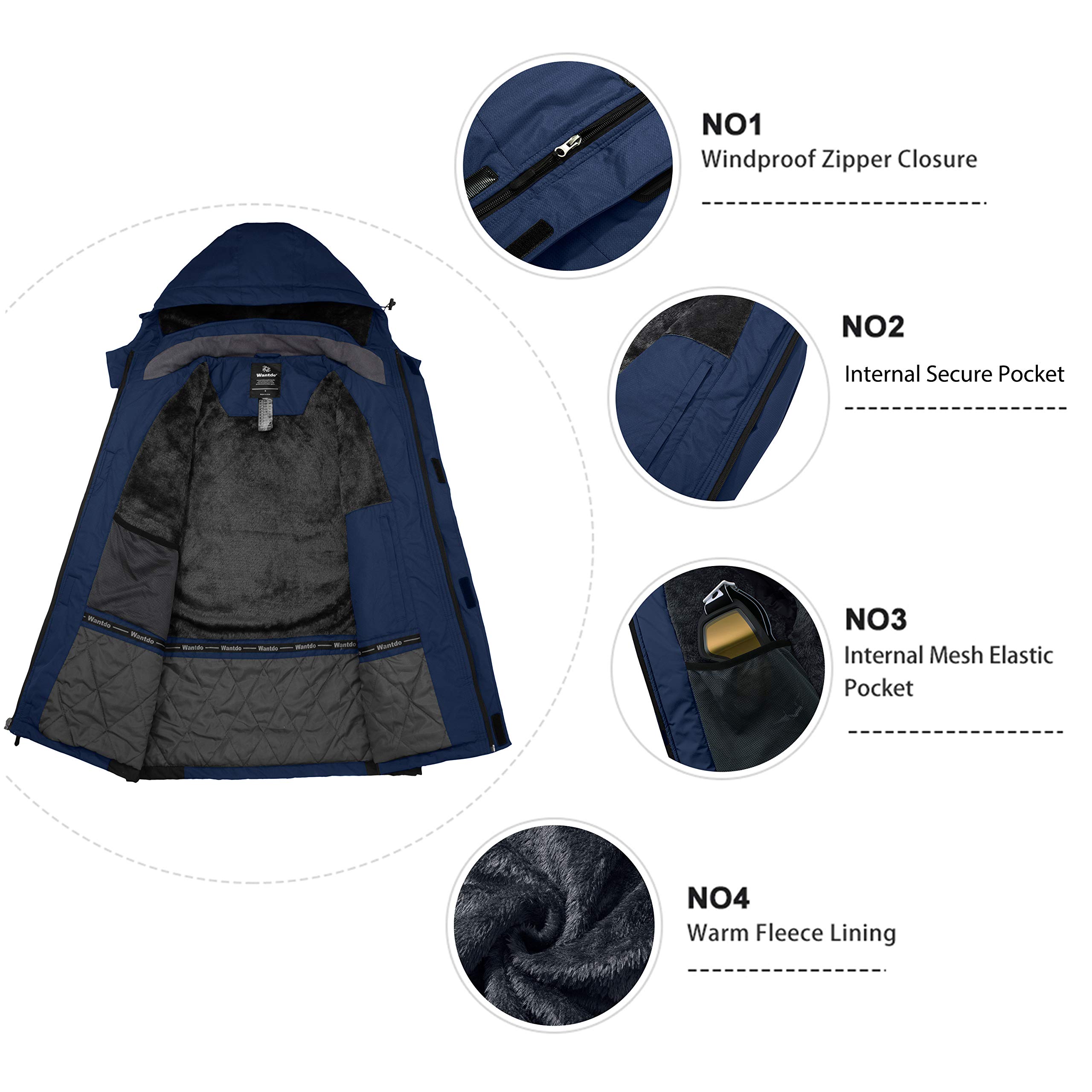 Wantdo Chaqueta de Esquí Impermeable Montaña Aislada con Vellón Cálida Invierno Snowboard Parka Nieve Capucha Hombre Azul Oscuro Large