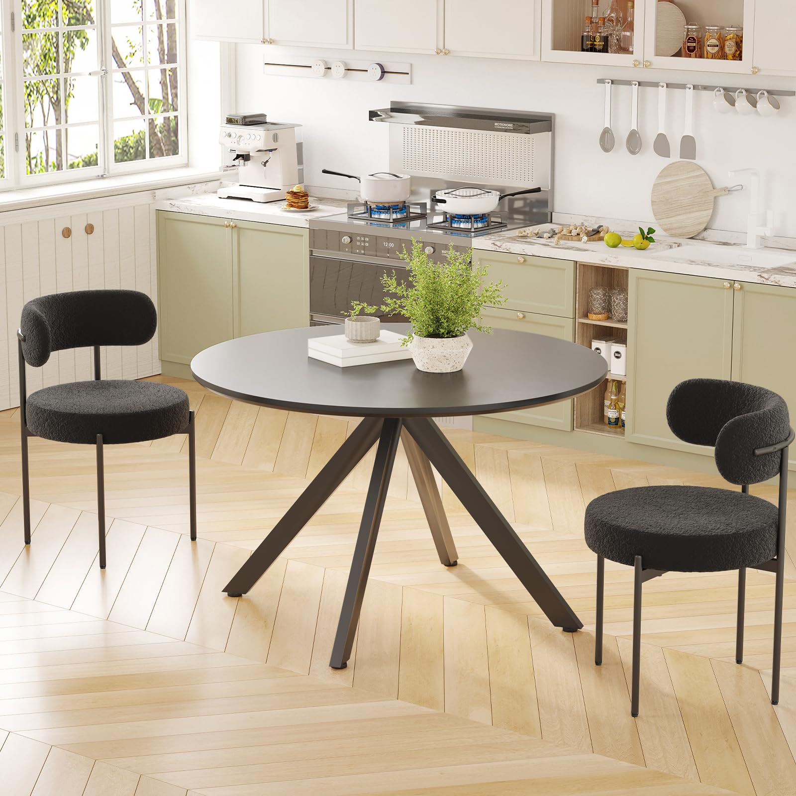 Table for 4-6 Person 47" Round Wooden Tabletop and Metal Frame for Kitchen,Dining, Living Room, 47 inch, Black