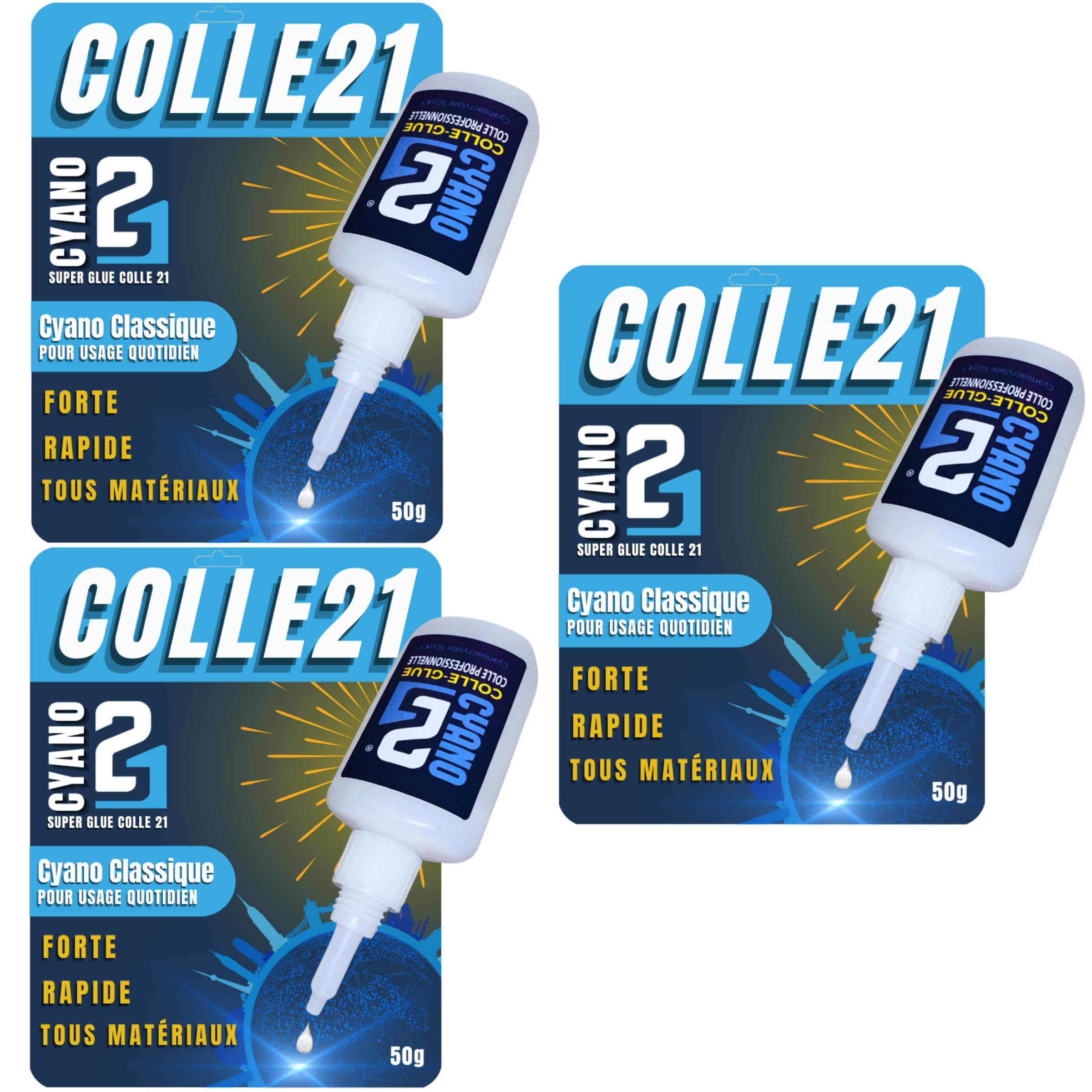 Super Glue Cyano Colle21 50g (Lot de 3) | Colle Cyanoacrylate Ultra-Forte Grand Format – Séchage Express – Précision Pro – Multi-Matériaux & Application Fluide (Lot de 3)