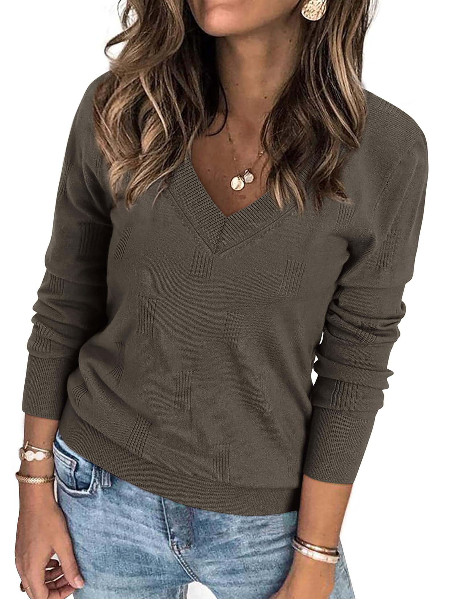 ATHMILE Womens Fall Tops 2026 Fashion Trendy Pullover Sweater V Neck Long Sleeve Shirt Knit Blouse Clothes Outfits