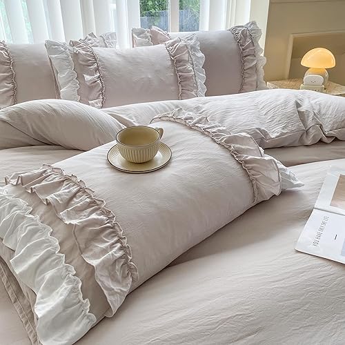 Miniatura 9 de juego de ropa de cama Shabby Chic de 3 piezas, juego de funda de edredón vintage de tamaño queen con 2 capas de volantes, juego de funda de edredón