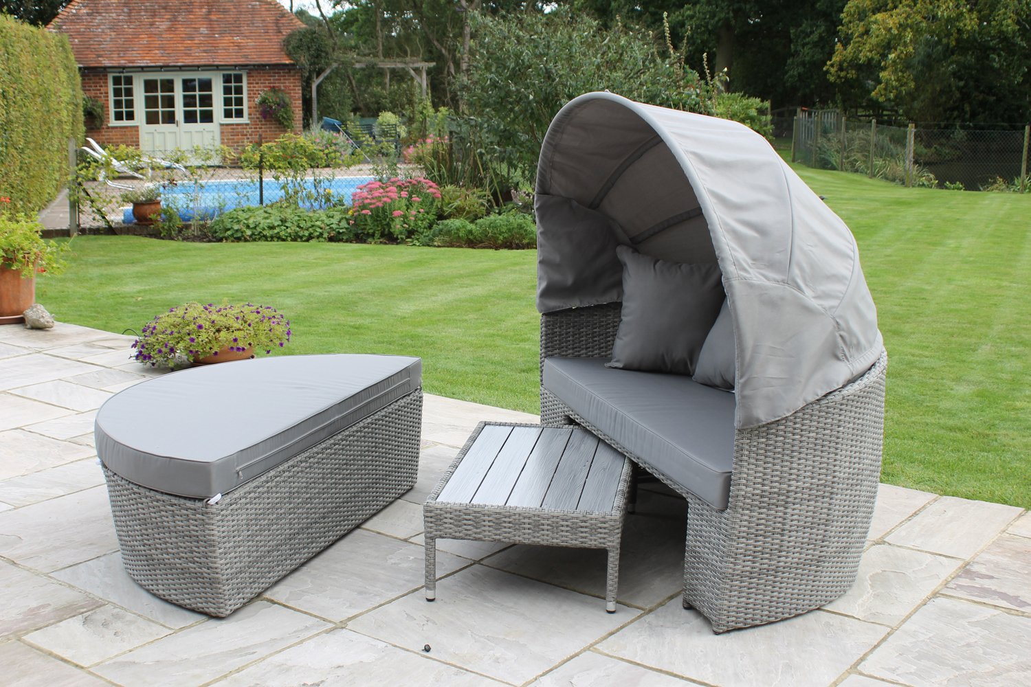 Buy Amelie Deluxe Grey Rattan Day Bed Sofa Set With Hood, Coffee Table