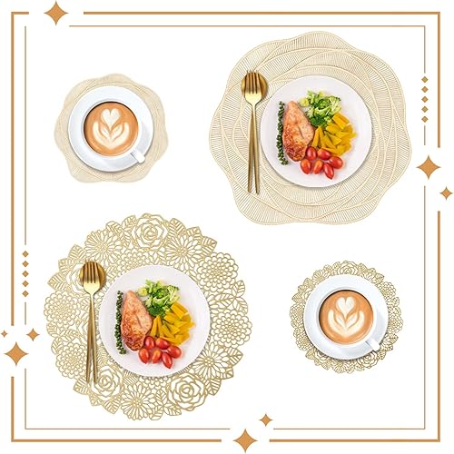 Miniatura 6 de Juego de 24 manteles individuales redondos de vinilo prensado dorado, manteles individuales metálicos, diseño floral de rosas, antideslizantes, para