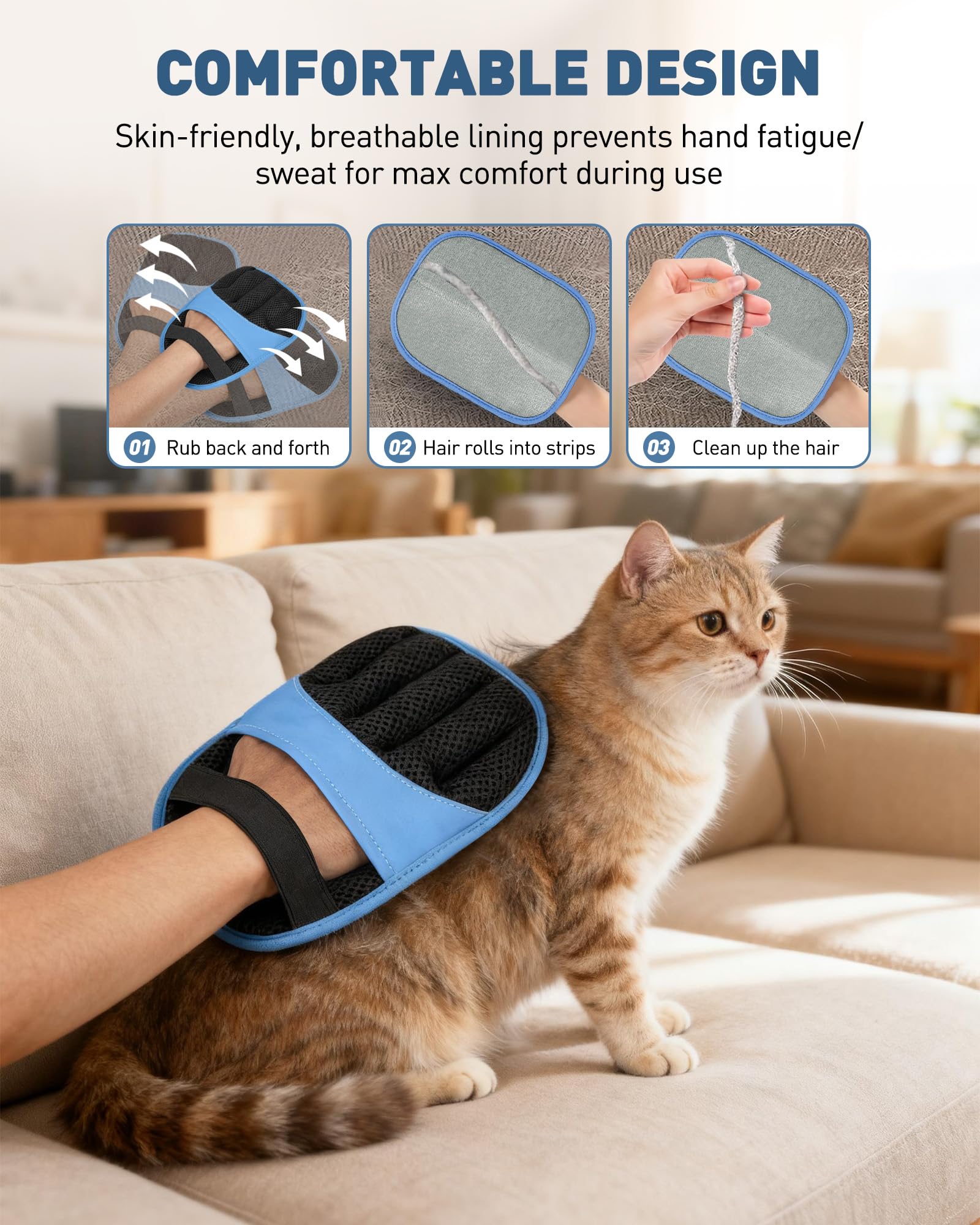 2 Pack Pet Hair Removal Glove - Electrostatic Magic Brush Gloves Pet Hair for Dogs and Cats, The Magic Brush Pure Path Yomi Pet Grooming Needs, Fur Remover for Furniture, Clothes, Car Seats (Blue) - image 3