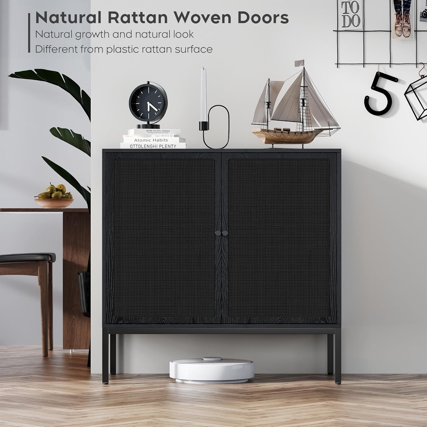 Brafab Set of 3 Black Sideboard Buffet Cabinet with Natural Rattan Decorated Doors, 31.5" W Rattan Credenza Storage Cabinet, Boho Cabinet for Living Room, Entryway, Dining Room/Square Doors