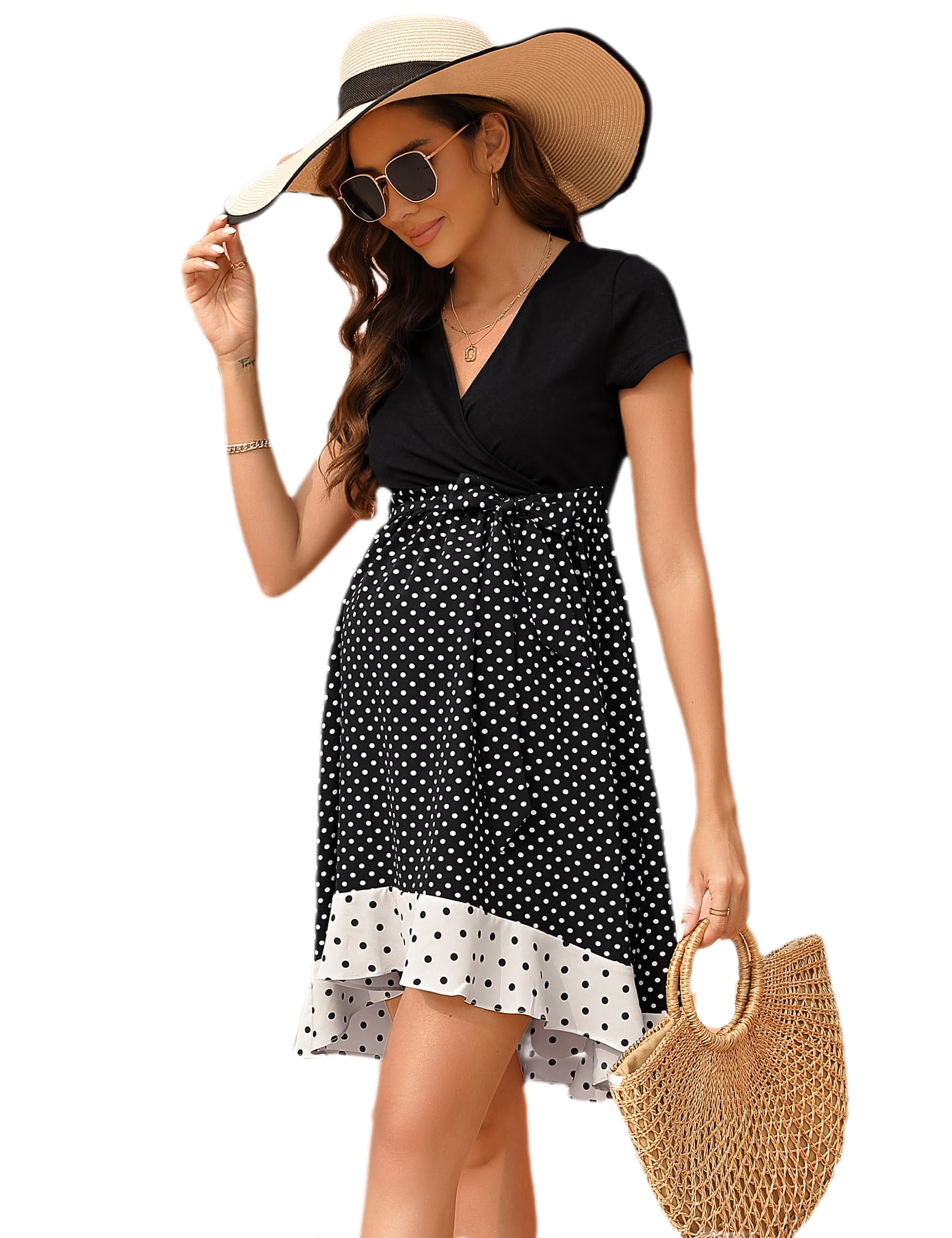 Yesfashion Abito premaman da donna con scollo a V, abito da allattamento estivo, a maniche corte, a vita alta (imballaggio multipla)