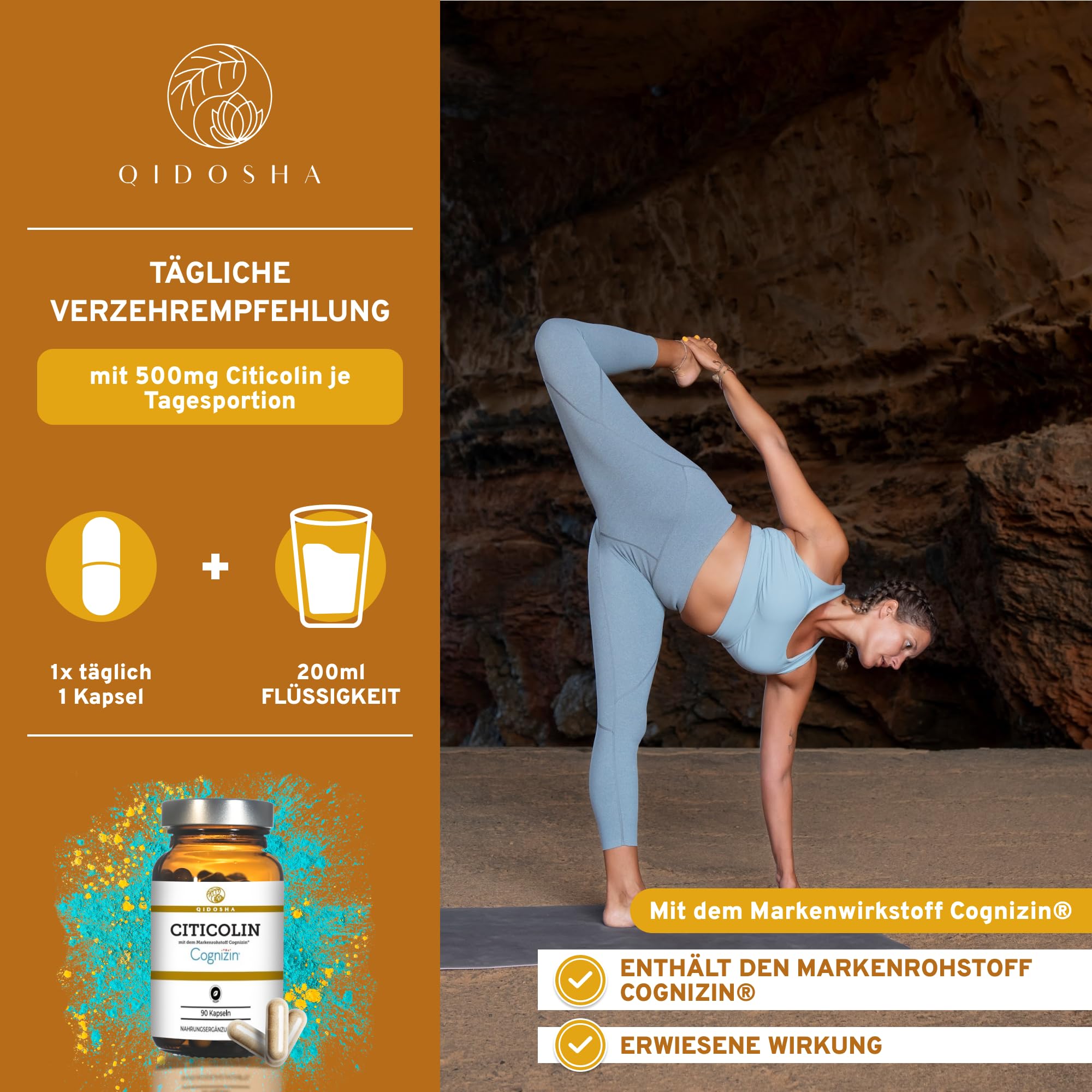 QIDOSHA® Citicolin mit dem Markenrohstoff Cognizin®, 500mg Citicolin je Kapsel, 90 Kapseln im Apothekrglas, jede Charge laborgeprüft, deutsche Fertigung