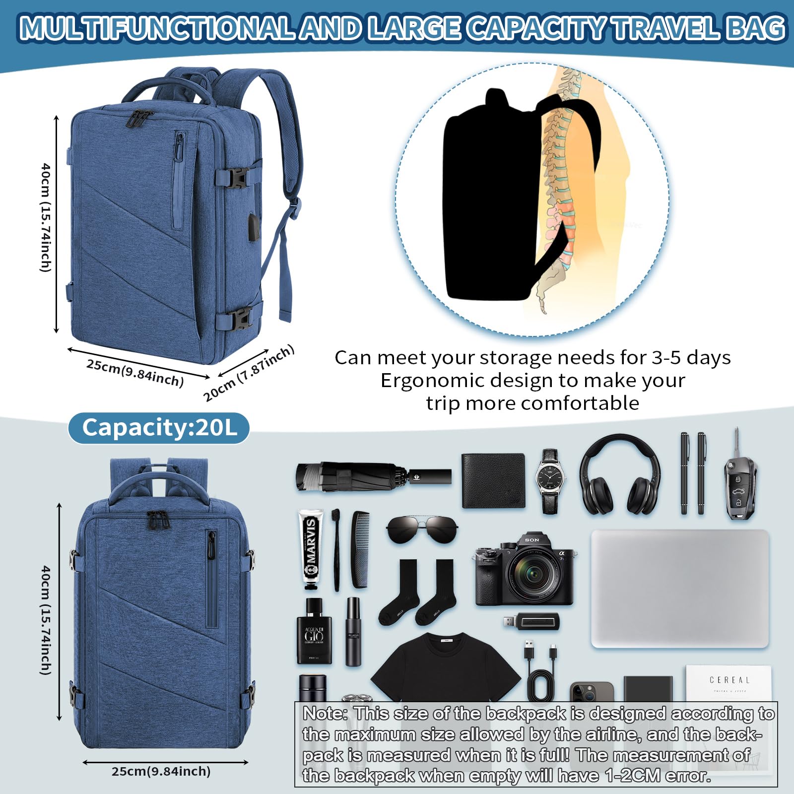 VOESLD Zaino per Ryanair 40x20x25, Zaino da Viaggio Aereo Bagaglio a Mano Blu Zaini Porta PC Donna Uomo Impermeabile Zaini Bagaglio a Mano per Tutte le Principali Compagnie Aeree