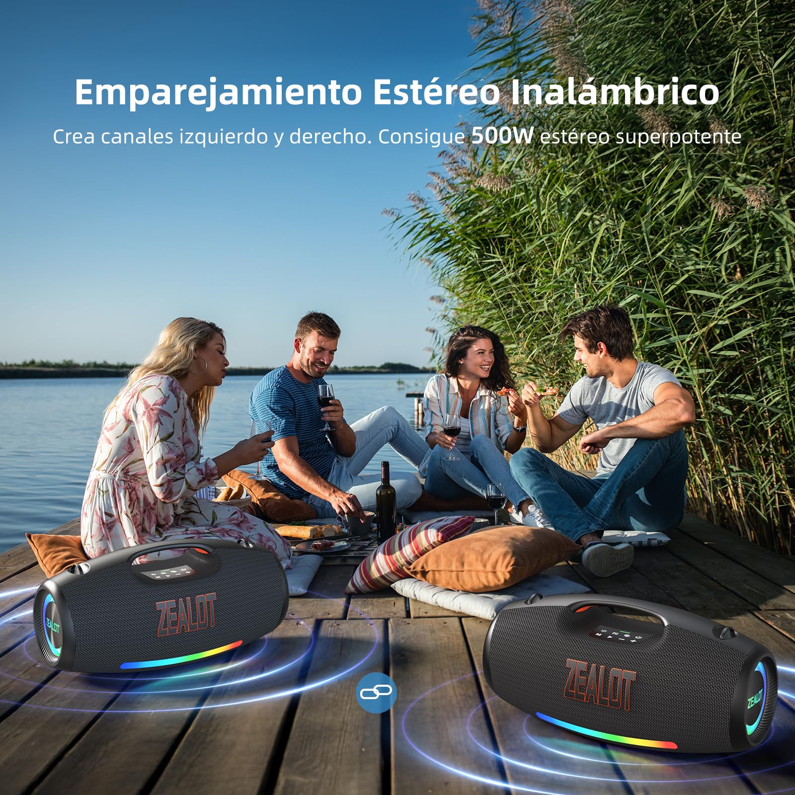 Zealot 250W Altavoz Bluetooth Portáti con Luz LED, Sonido Estéreo, Altavoz Grande con Potente Bass, Autonomía de 40 Horas, Banco de Energía, Bluetooth 5.3 y IPX6 Impermeable para Exterior