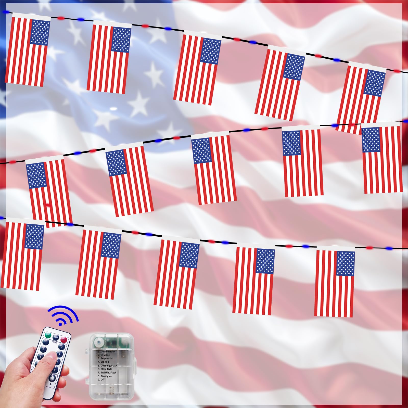 4th of July Decor LED American Flag Banner - Battery-Powered Red White and Blue Mini USA Hanging Flags with Lights for Independence Day, Patriotic