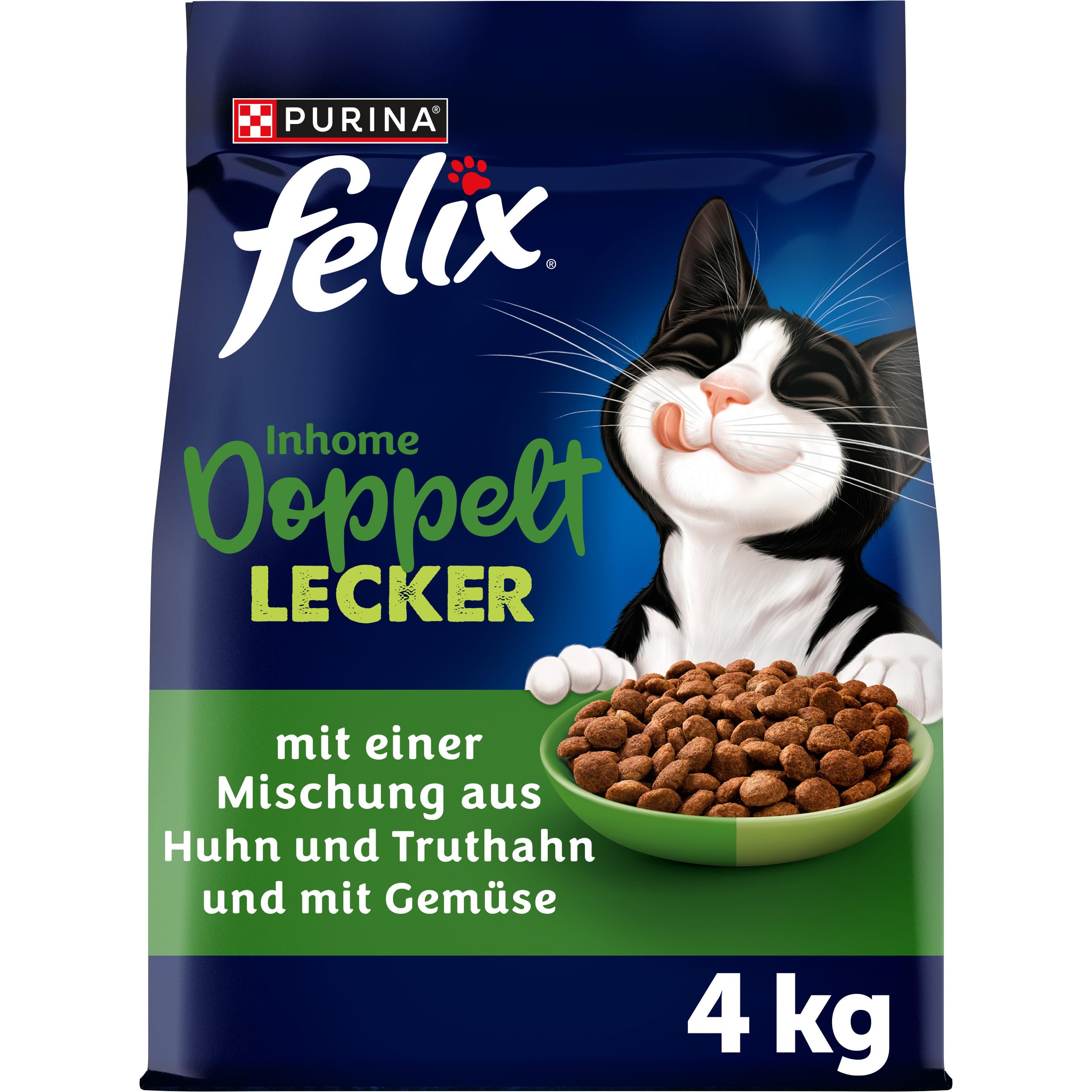 Felix Doppelt Lecker Inhome Katzenfutter trocken, mit Huhn, Truthahn und Gemüse, 4er Pack (4 x 4Kg)