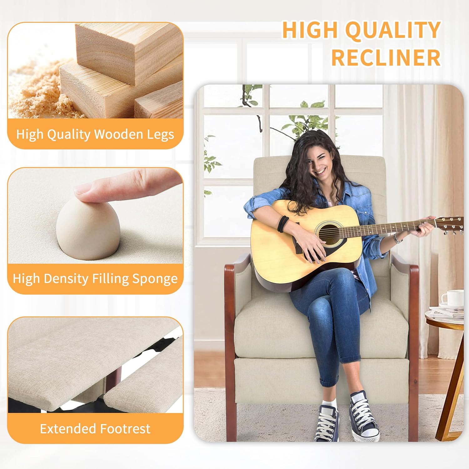 Push Back Recliner Chair, Upholstered Accent Chair Recliners with Thick Seat Cushion and Backrest Small Recliners for Small Spaces Living Room, Home Theater