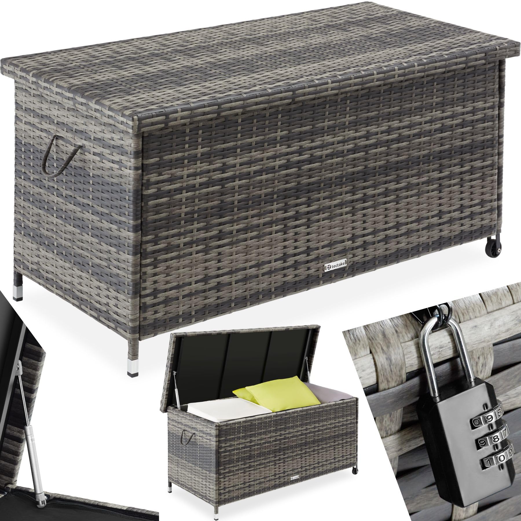 tectake® Uniwersalna Skrzynia Ogrodowa, Duża Pojemność 297l, 117x54x64cm, Trwała Plecionka z Polirattanu, Wytrzymała Rama z Aluminium, Wzmocniona Pokrywa z Systemem Sprężyny Gazowej (Szary)