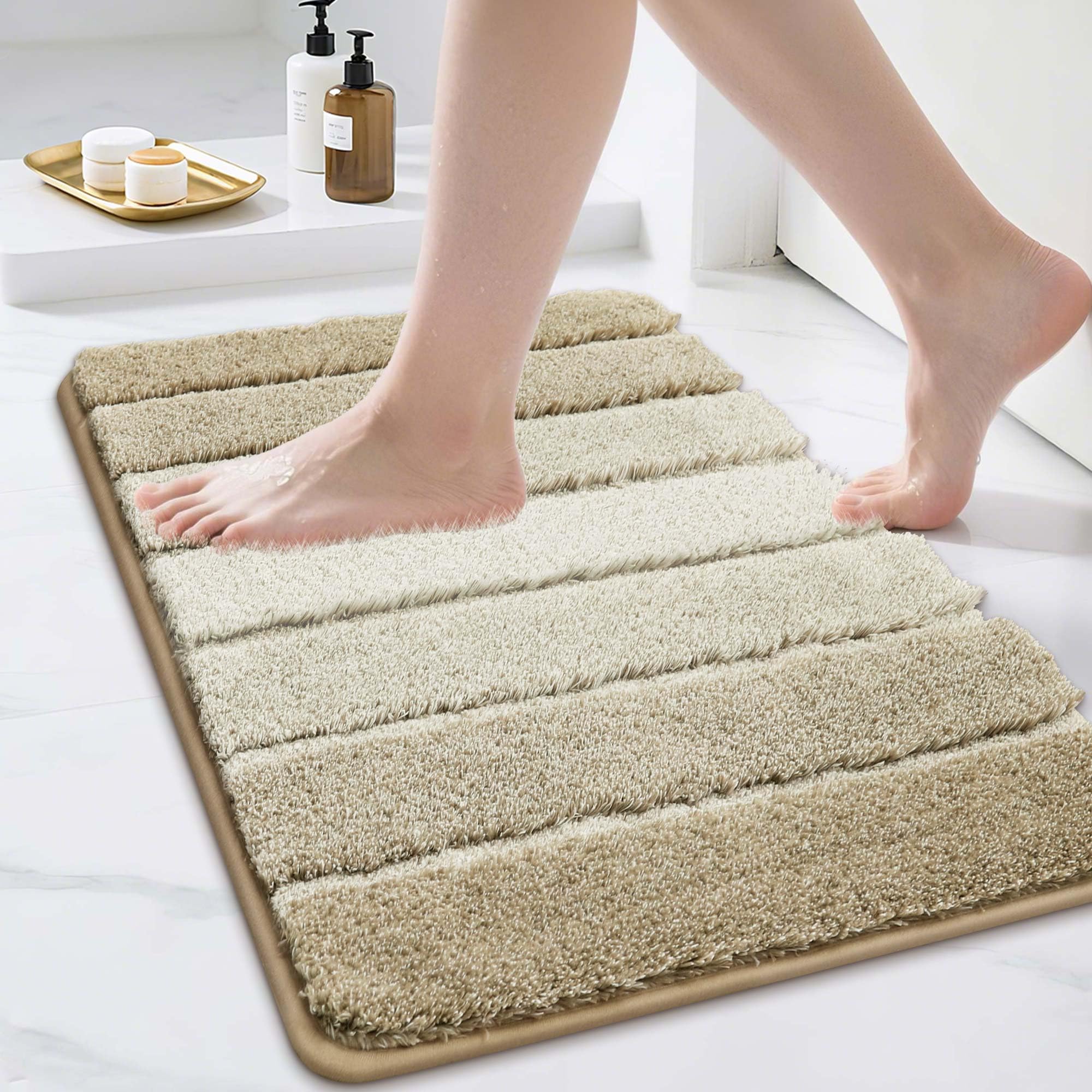 COSY HOMEER Bathroom Rugs 24"x17", Ultra Soft Absorbent Bath Mat with Non-Slip TPR Backing, Machine Washable Shaggy Rug for Bathroom Floor, Beige Beige 1'5" x 2' (Rectangular)