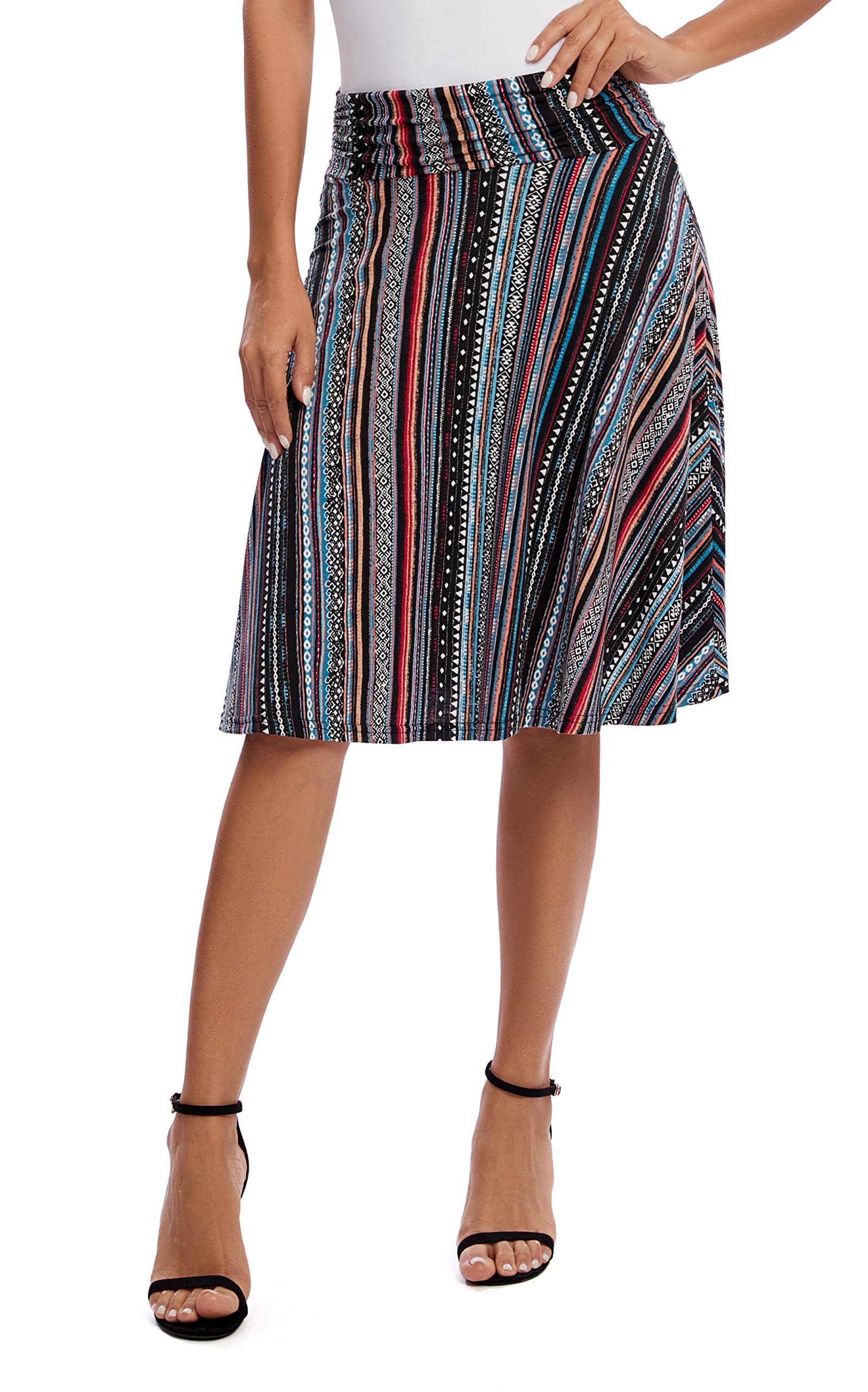 Urban CoCo Jupe évasée froncée en jersey taille haute, longueur genou pour femme, Taille L