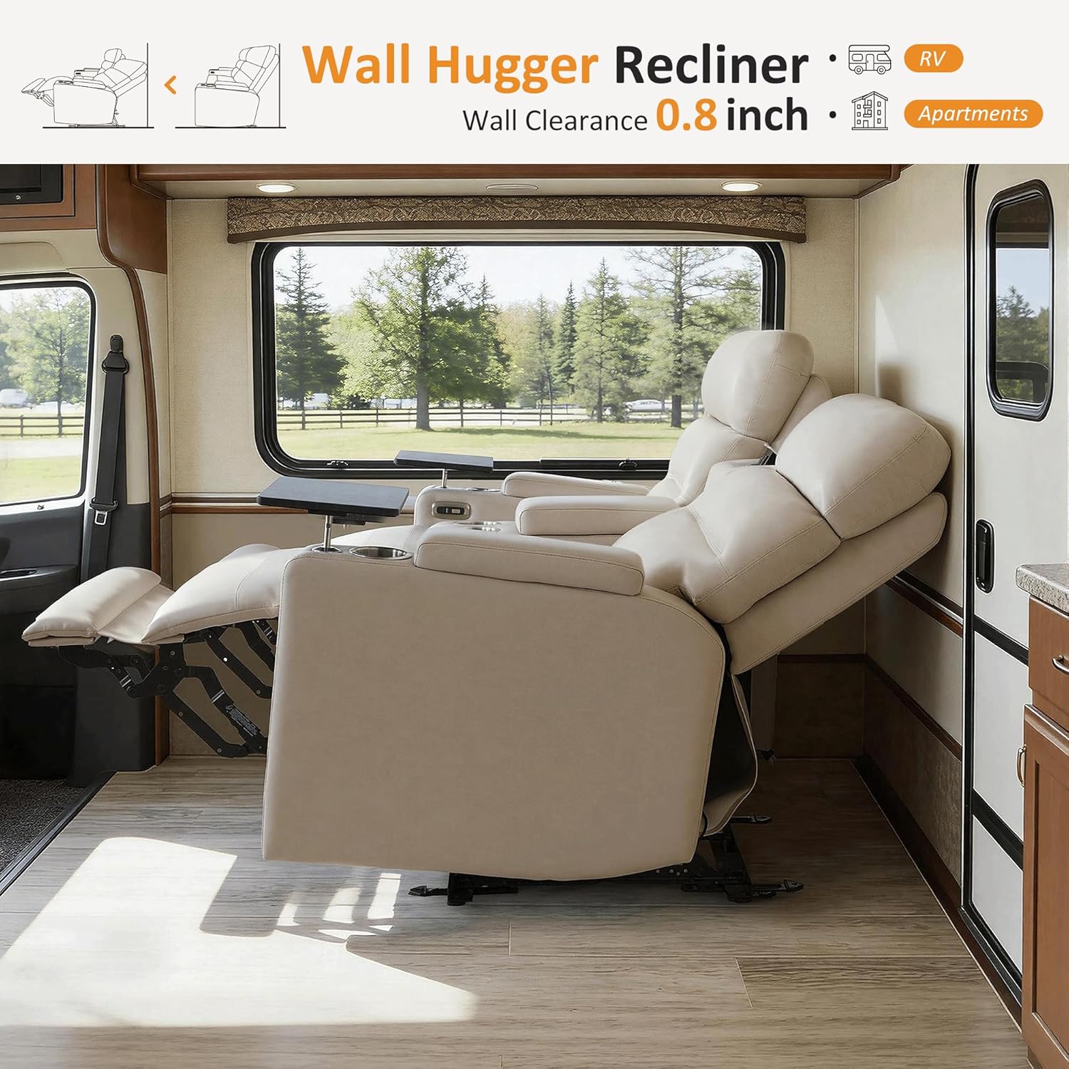 MCombo 73" Wall Hugger Oversized Power Reclining Loveseat with Console and Outlets for Small Spaces, RV Loveseat Sofa with Armrest Storage, USB & Type C Ports, 360° Swivel Tray Table RV02M2