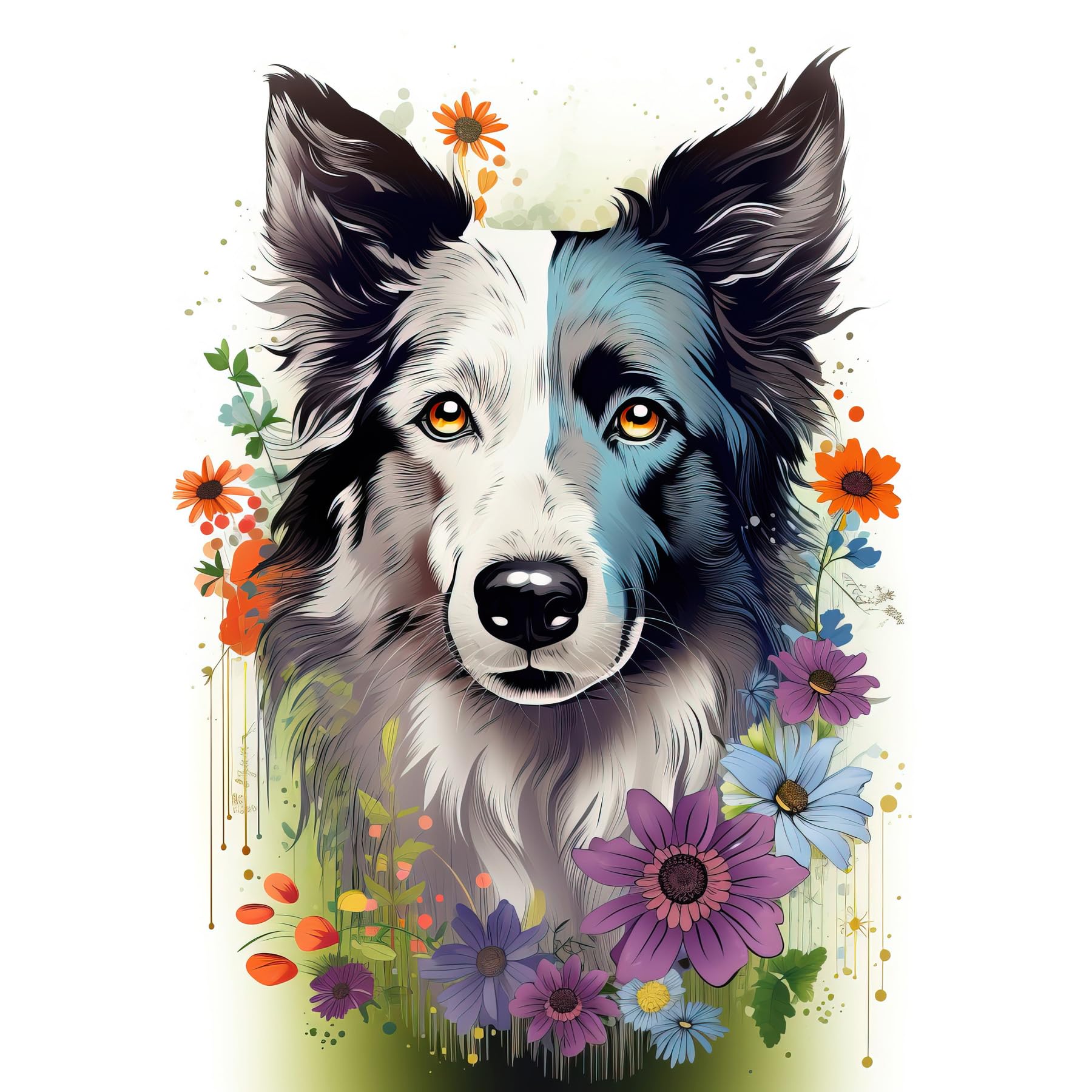 Artery8 Border Collie Dog Pict Scotland Blue Bawsant Face Bright Artwork Portrait with Wildflowers Large Wall Art Poster Print Thick Paper 18X24 Inch