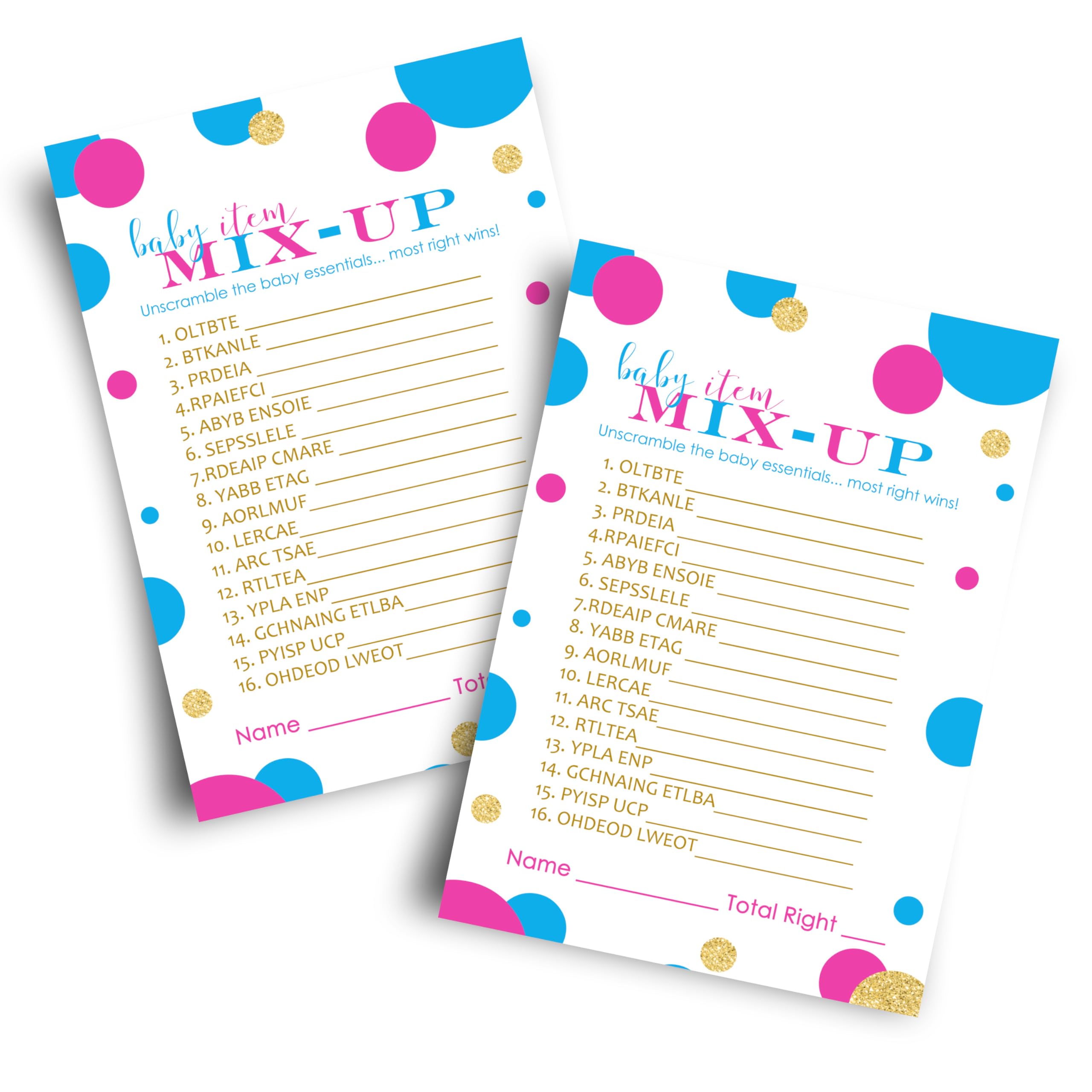 Paper Clever Party Baby Shower Games - Word Scramble for Boys or Girls - Gender Reveal Activity Cards - Pink and Blue Theme - 25 Pack, 4x6 Size