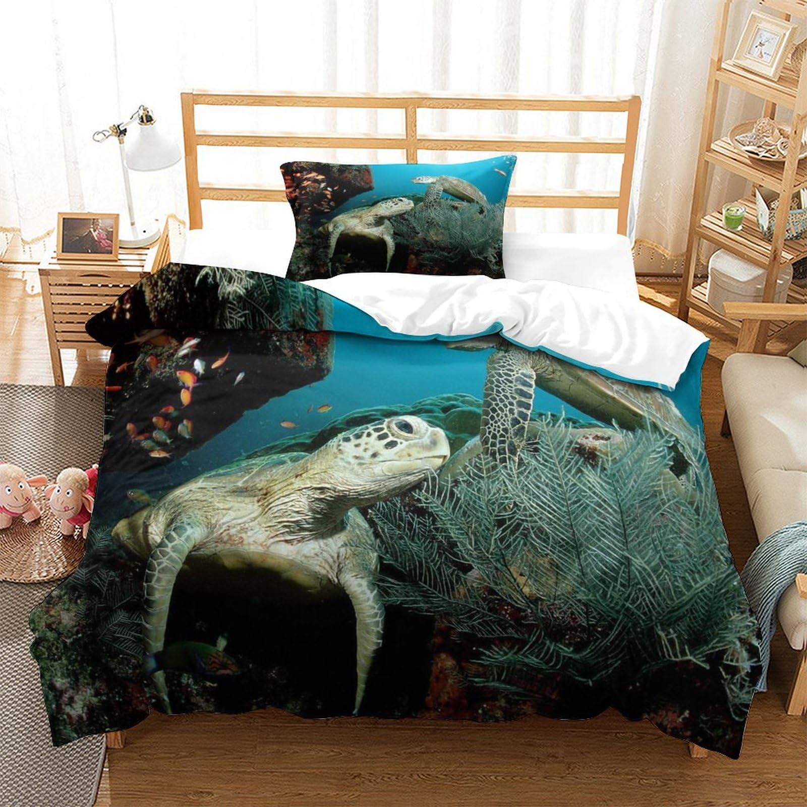 P1s9u7w5y Sea Turtle-2 3D Printed Sea Turtle Coral Duvet Cover Set 3Pcs Microfiber Ocean Bedding Set Single（135X200cm）