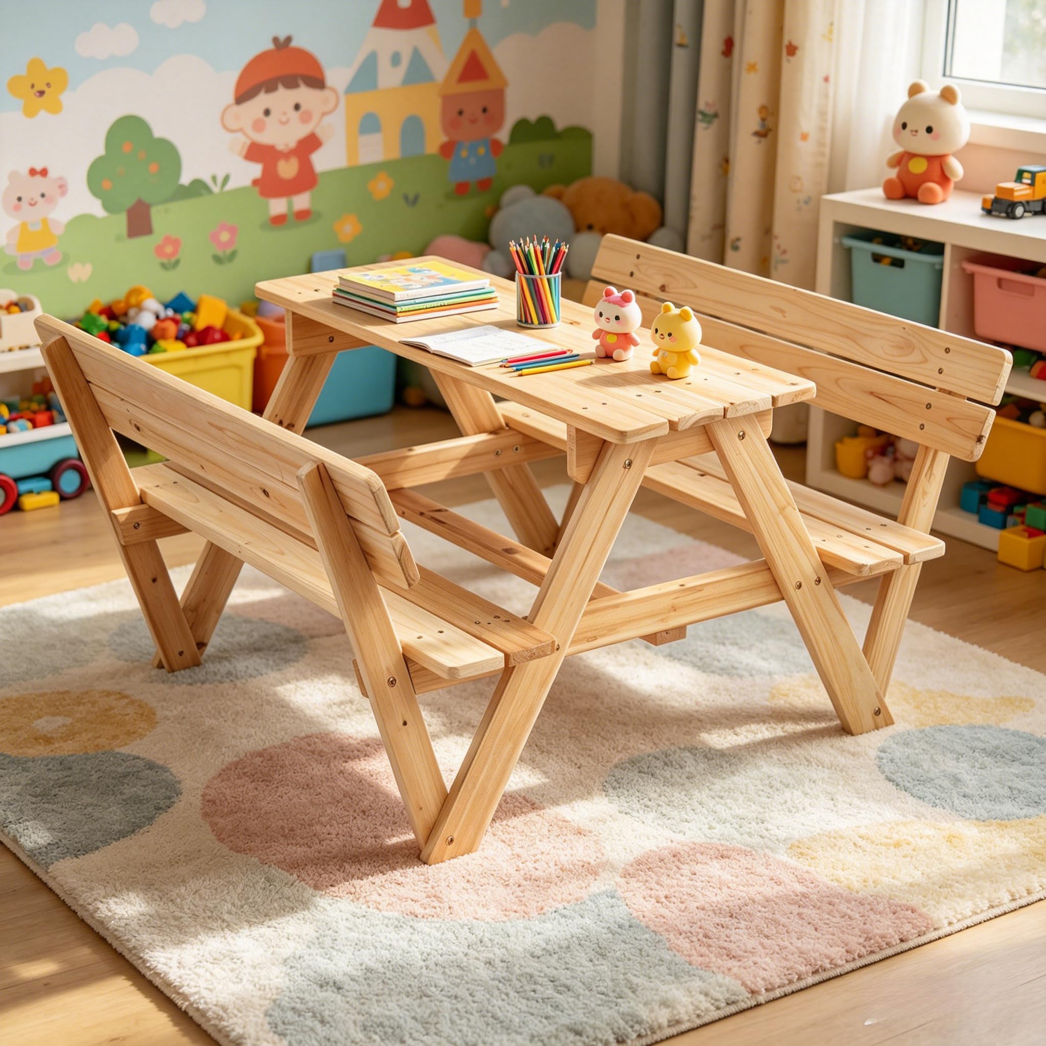 LIFEZEAL Set da Giardino per Bambini in Legno di Abete | Tavolo e Panche da Giardino con Ombrellone Rimovibile e Regolabile, Panche con Schienale, per Cortile, Portico, Patio