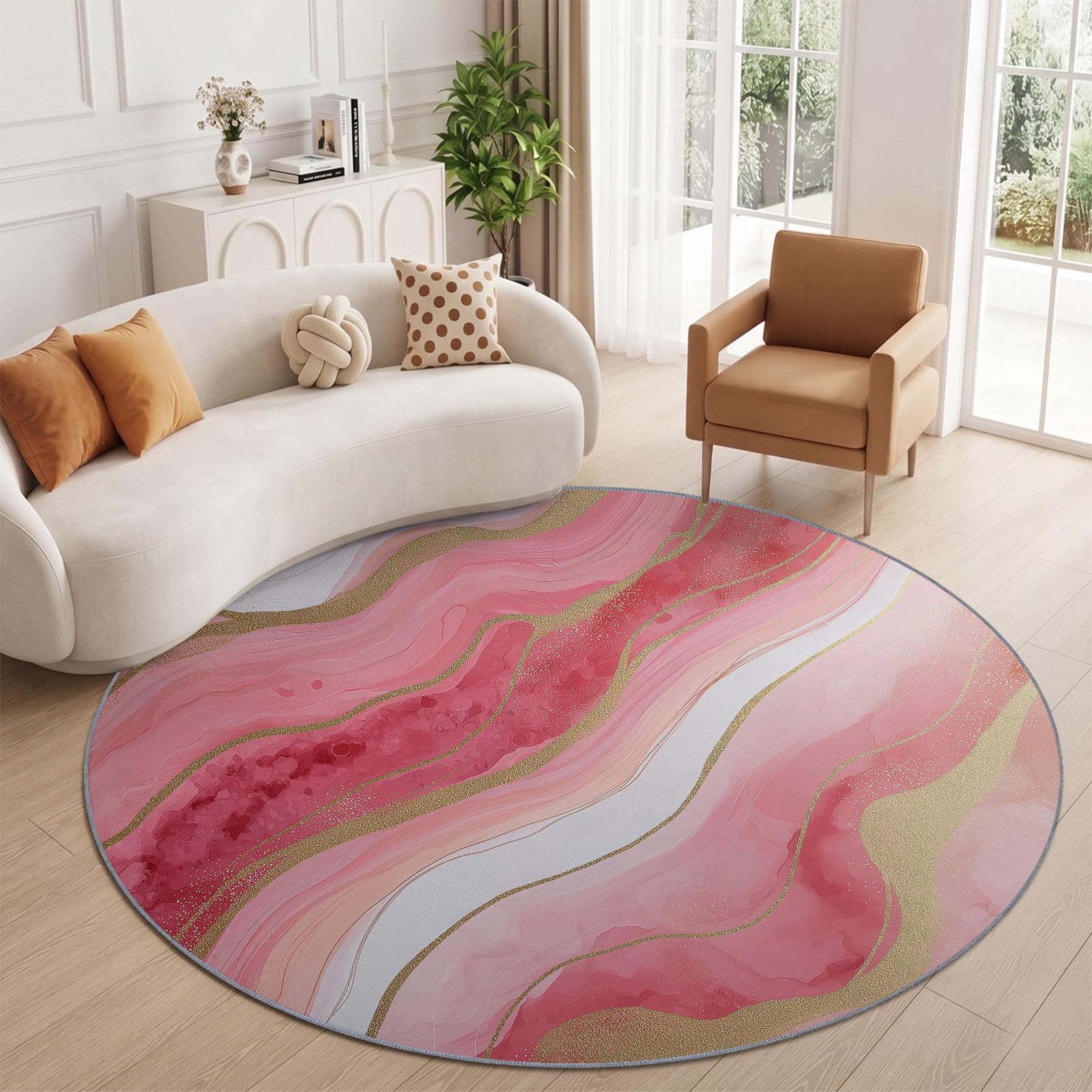 Tapis Rond Salon Minimaliste Aquarelle Lavable en Machine 160 cm Rose