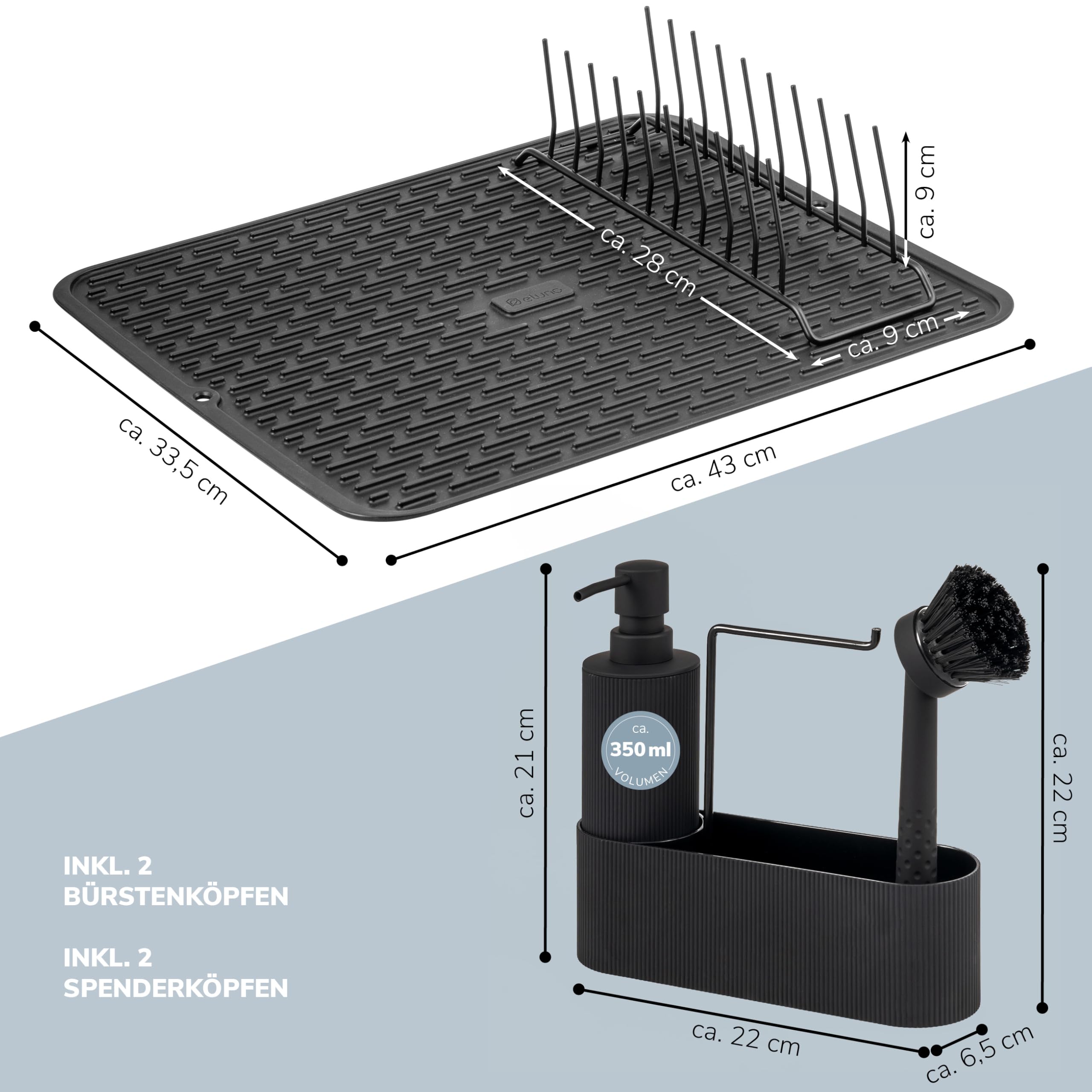 eluno Spül-Set 2er, bestehend aus Spülbecken-Organizer mit Soft-Touch Oberfläche und Abtropfmatte inkl. Abtropfgestell für 9 Teller, Geschirrspülset inkl. Seifenspender mit 350 ml Volumen, schwarz
