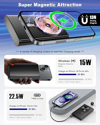 Aaoyun Magnetic Portable Charger 10000mAh, 15W Wireless & 22.5W PD Fast Charging Battery Pack, USB-C in/Out, Ultra-Strong Magnet for iPhone 17/16/15/14/13/12 Series, Black