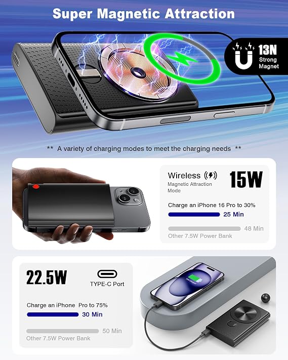 Aaoyun Magnetic Portable Charger 10000mAh, 15W Wireless & 22.5W PD Fast Charging Battery Pack, USB-C in/Out, Ultra-Strong Magnet for iPhone 17/16/15/14/13/12 Series, Black