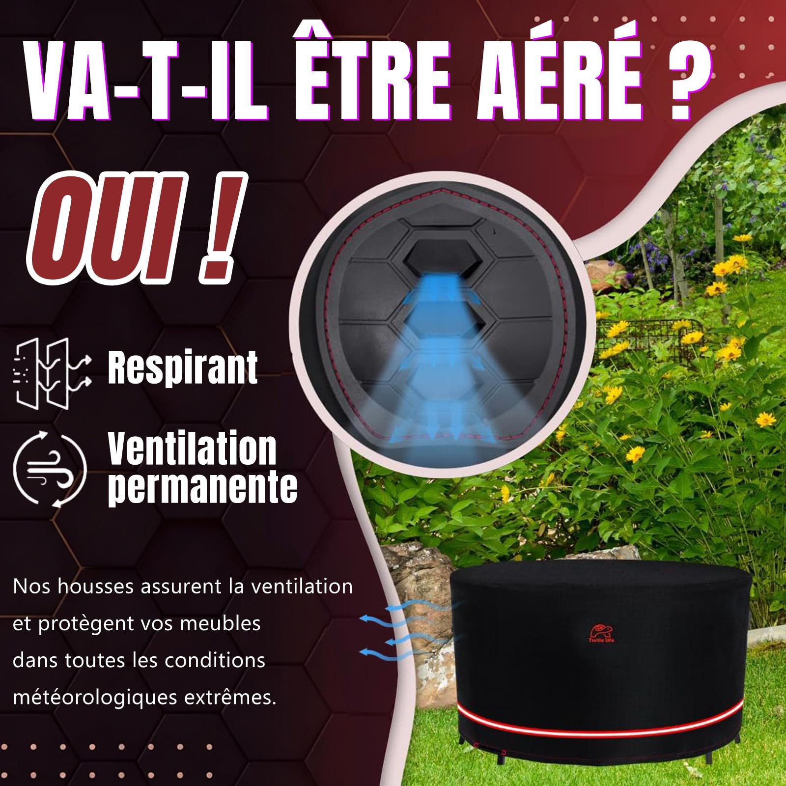 Turtle-Life Housse de Protection Table de Jardin Ronde, Durable, Housse Bâche pour Meubles Extérieur, Tissu Oxford Résistant aux UV, Noir, Diamètre 183x74cm