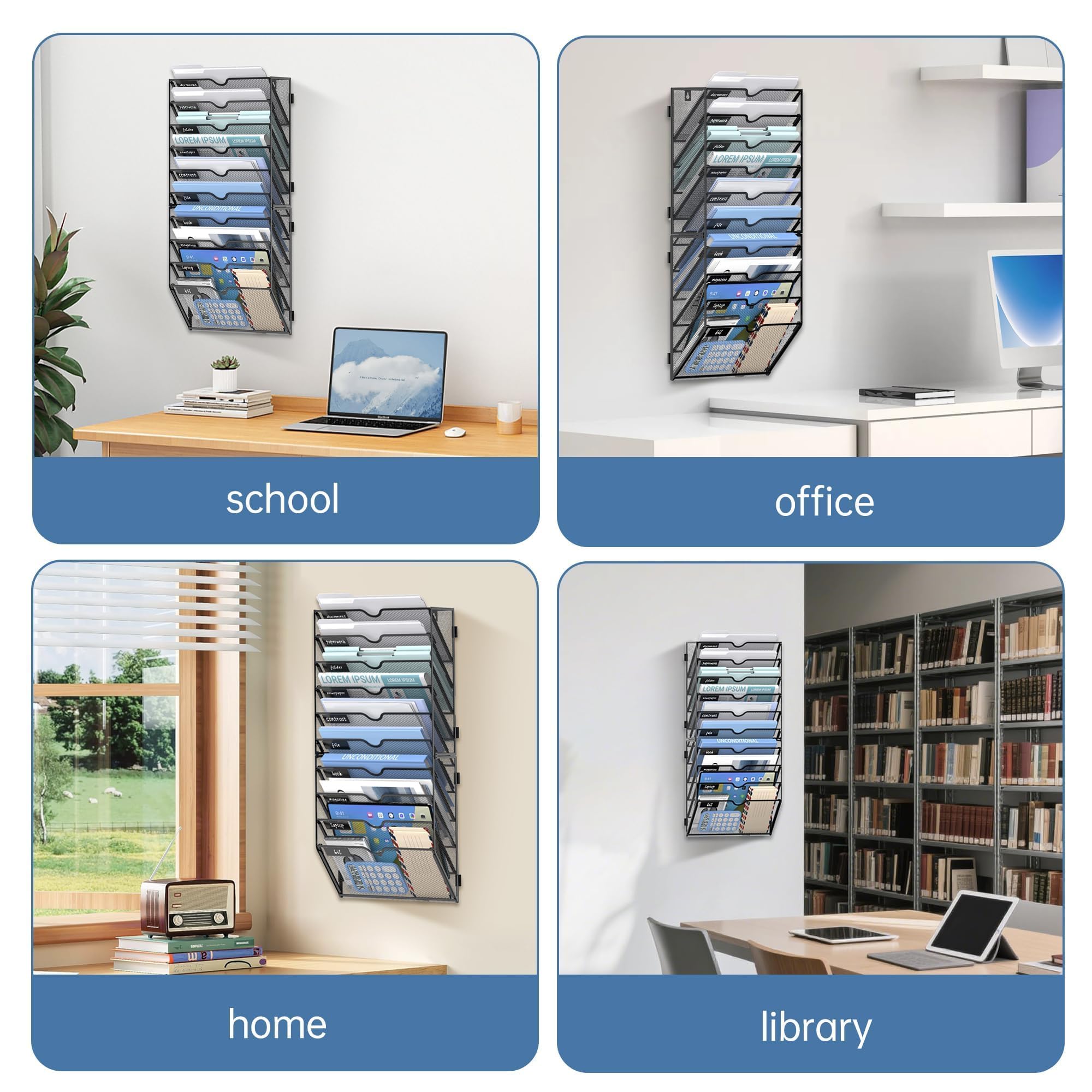 10-poziomowy wiszący organizer na dokumenty, uchwyt na teczki papierowe, montowany na ścianie, metalowy sorter poczty do biura, domu, szkoły, czarny, 2 szt