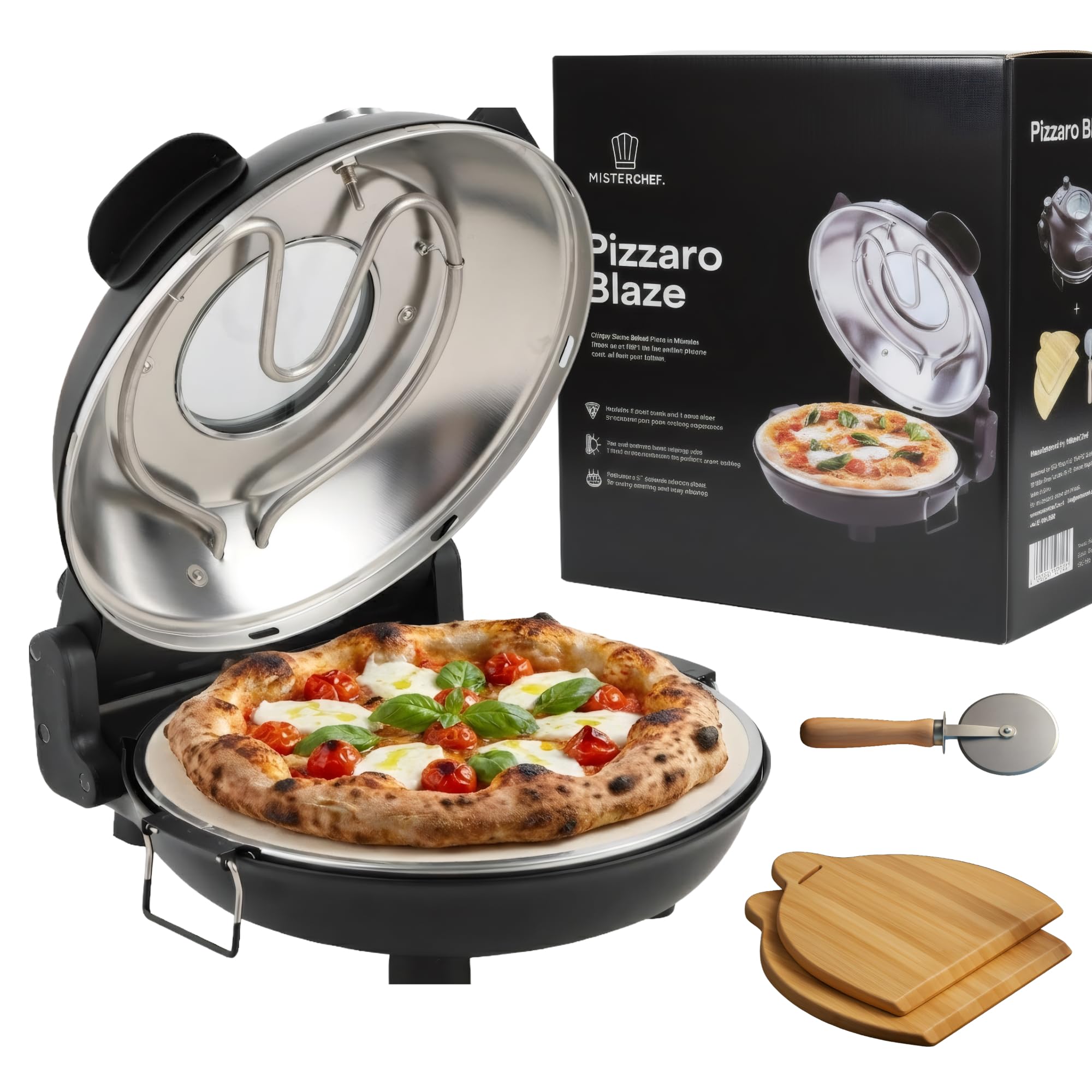 MisterChef Electric Pizza Oven – 12-Inch Ceramic Stone – Viewing Window – 900°F (450°C) High-Heat Countertop Pizza Maker – For Crispy Crusts, Flatbreads, Quesadillas & More – Black