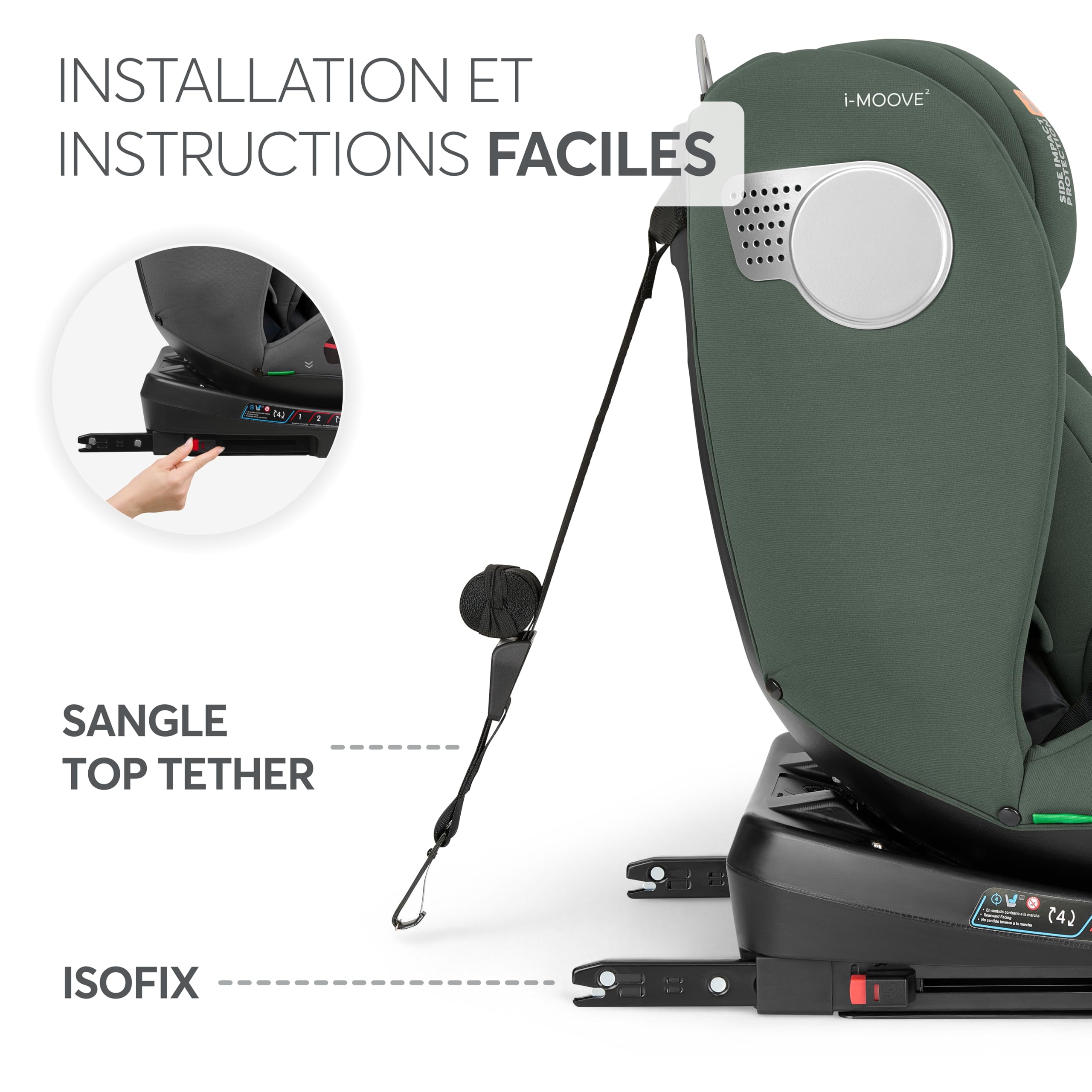 KikkaBoo Siège Auto Bébé 0 à 36 kg (40-150 cm) i-MOOVE 2, Rotation 360°, ISOFIX, i-Size, Dos & Face à la Route, Appuie-tête Réglable, Inclinable, Vert Armée