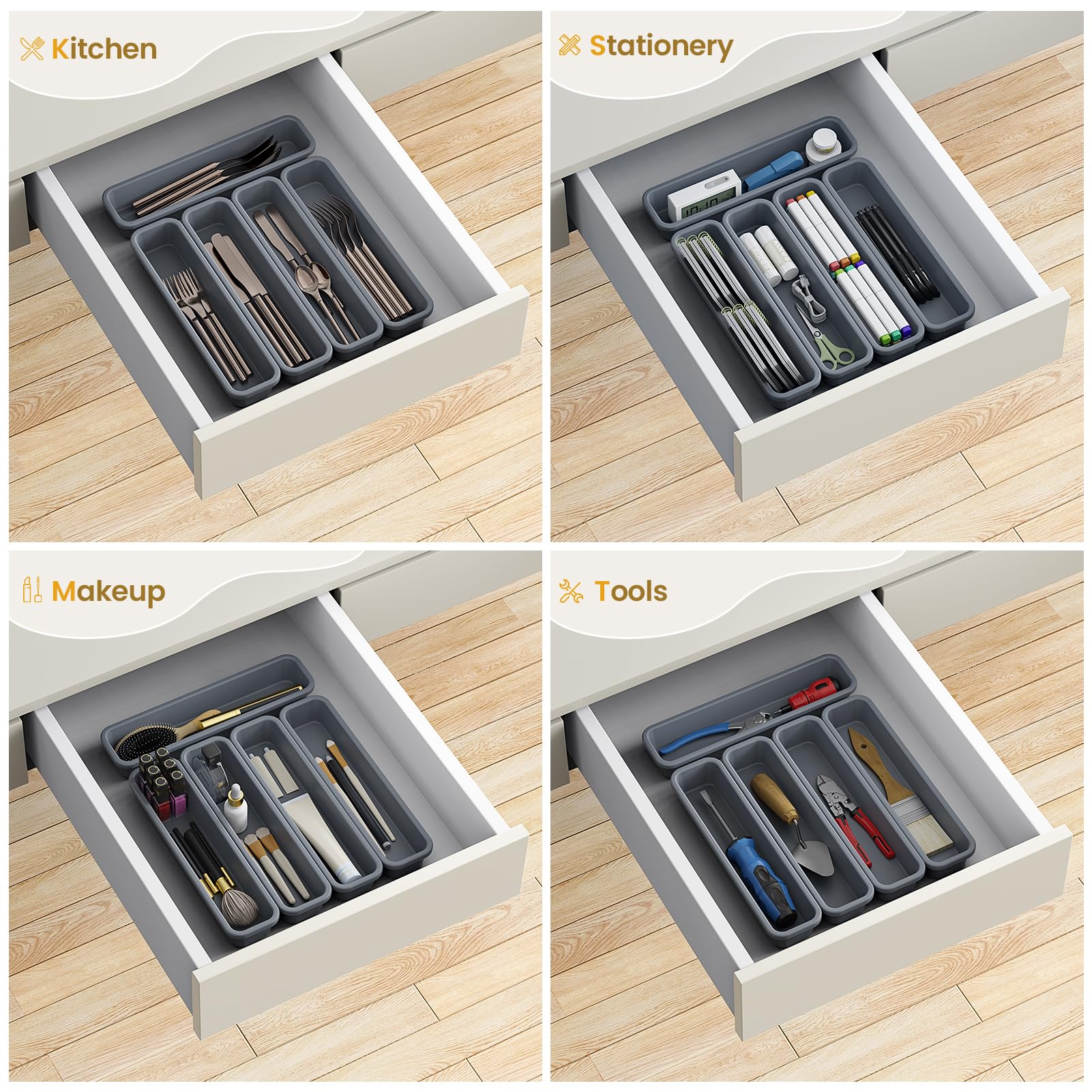 5er-Pack Silikon-Schubladen-Organizer für die Küche, DIY-freie Kombination Besteck-Organizer, Utensilien-Schubladen-Organizer, feuchte- und hitzebeständig bis zu 200°C, rutschfestes Design