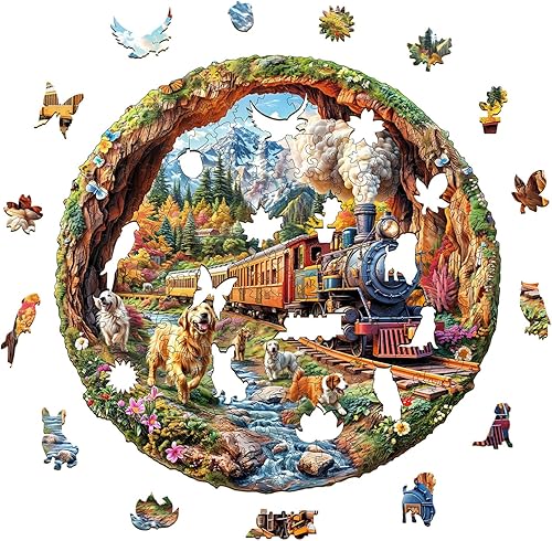 Miniatura 8 de KAAYEE Rompecabezas de madera para adultos, efecto visual 3D, perros que corren contra trenes, rompecabezas de madera de forma única, rompecabezas