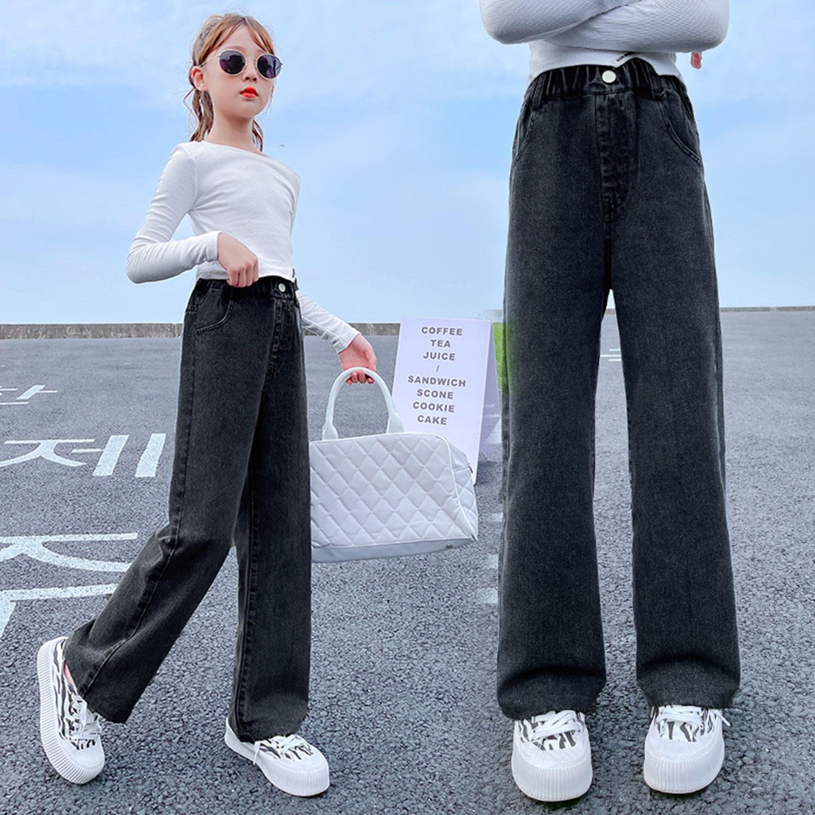 Dziewczęce dżinsy z szerokimi nogawkami proste nogawki spodnie dżinsowe dla dzieci workowate luźne dżinsy vintage spodnie urocze preppy letnie ubrania dla nastolatków zima