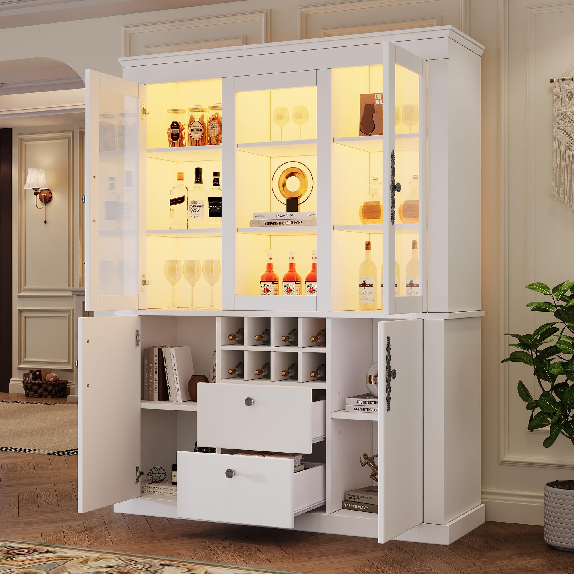 Vitrina de 130 x 37,5 x 170,5 cm, vitrina de pie con 2 cajones, 4 puertas de armario, vitrina de cristal con LED, armario de salón de 130 cm de ancho, armario multifunción con 8 estantes para