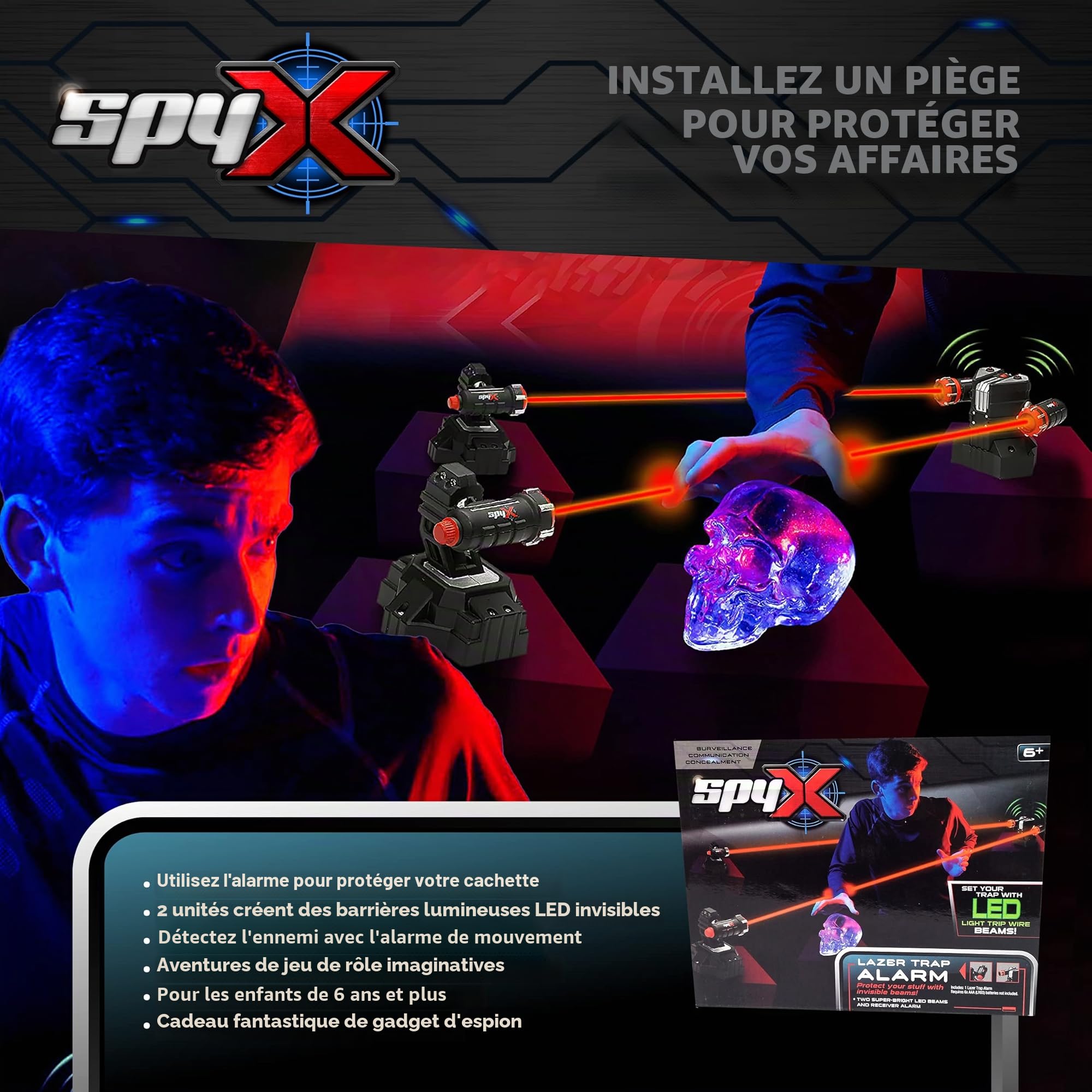 SpyX Détecteur de piège Lazer pour Enfants – Protégez-Vous avec des Faisceaux de Fil de Voyage Invisibles à Del pour des Missions d'espionnage Amusantes – Comprend 2 Faisceaux Super Lumineux et Une