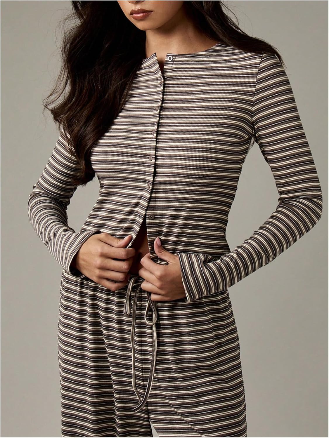 WDIRARA Women's Striped 2 Piece Pants Outfits Long Sleeve Button Down Knit Top Set Leisure Fall Casual - Image 4