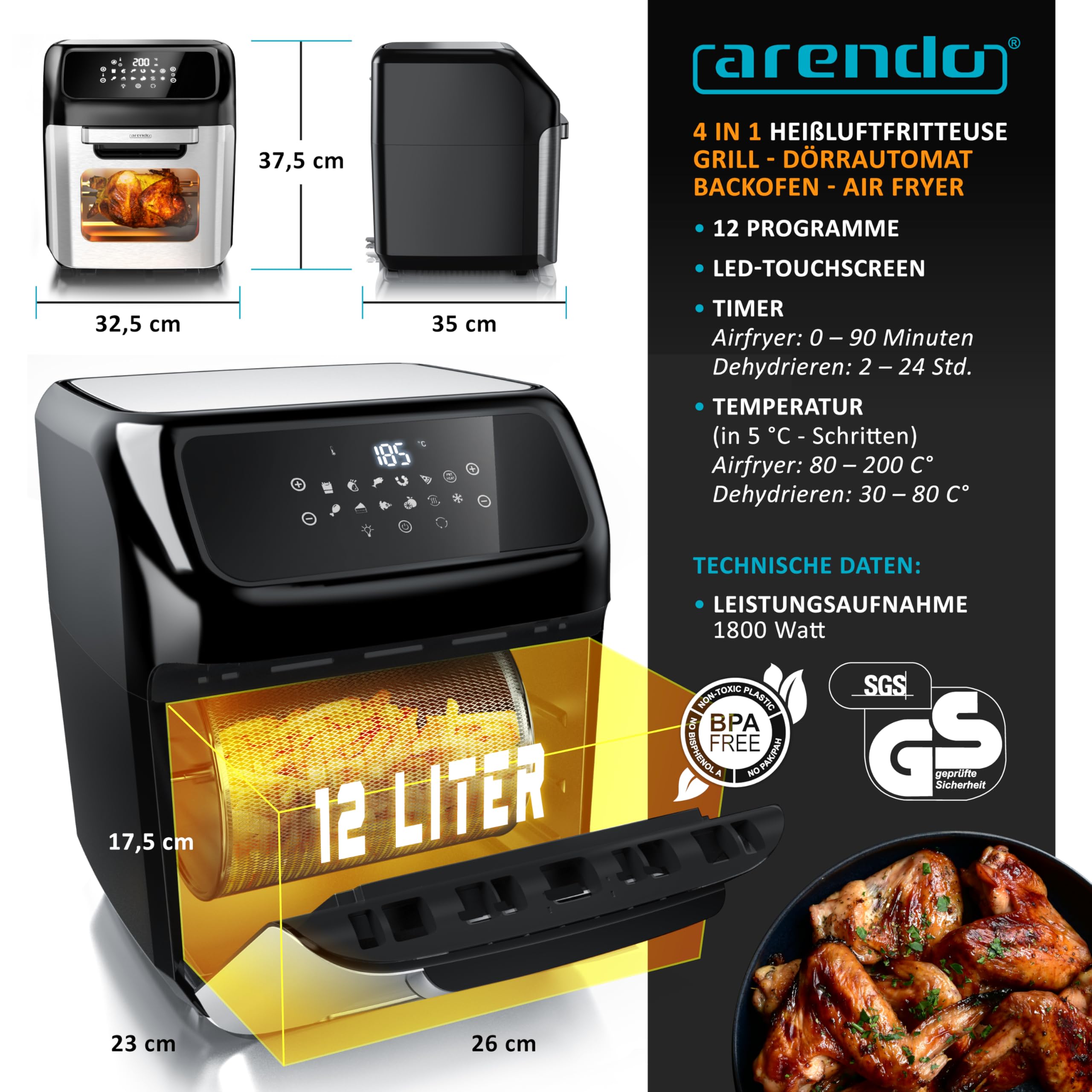Arendo - Freidora de aire caliente de 12 litros - Mini horno multifunción - Giratoria - Deshidratador - Recirculación - Pollo, patatas fritas de pizza - Aplicaciones de acero inoxidable - Sin BPA