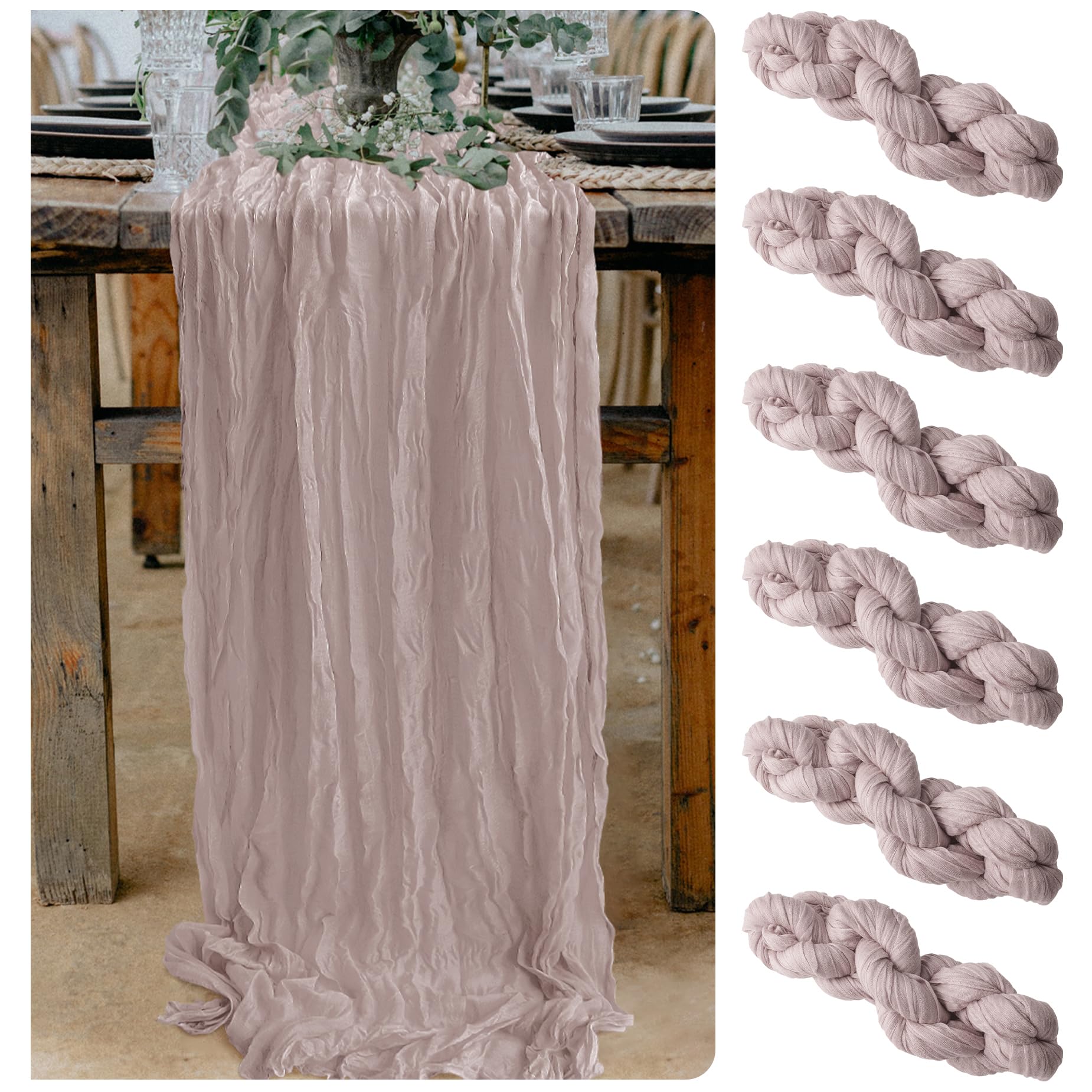 6 Pieces Dirty Pink Cheesecloth Table Runner 10 Ft Cheese Cloth Gauze Table Runner for Boho Rustic Wedding Arch, Baby and Bridal Shower, Birthday Party Mother's Day Decorations
