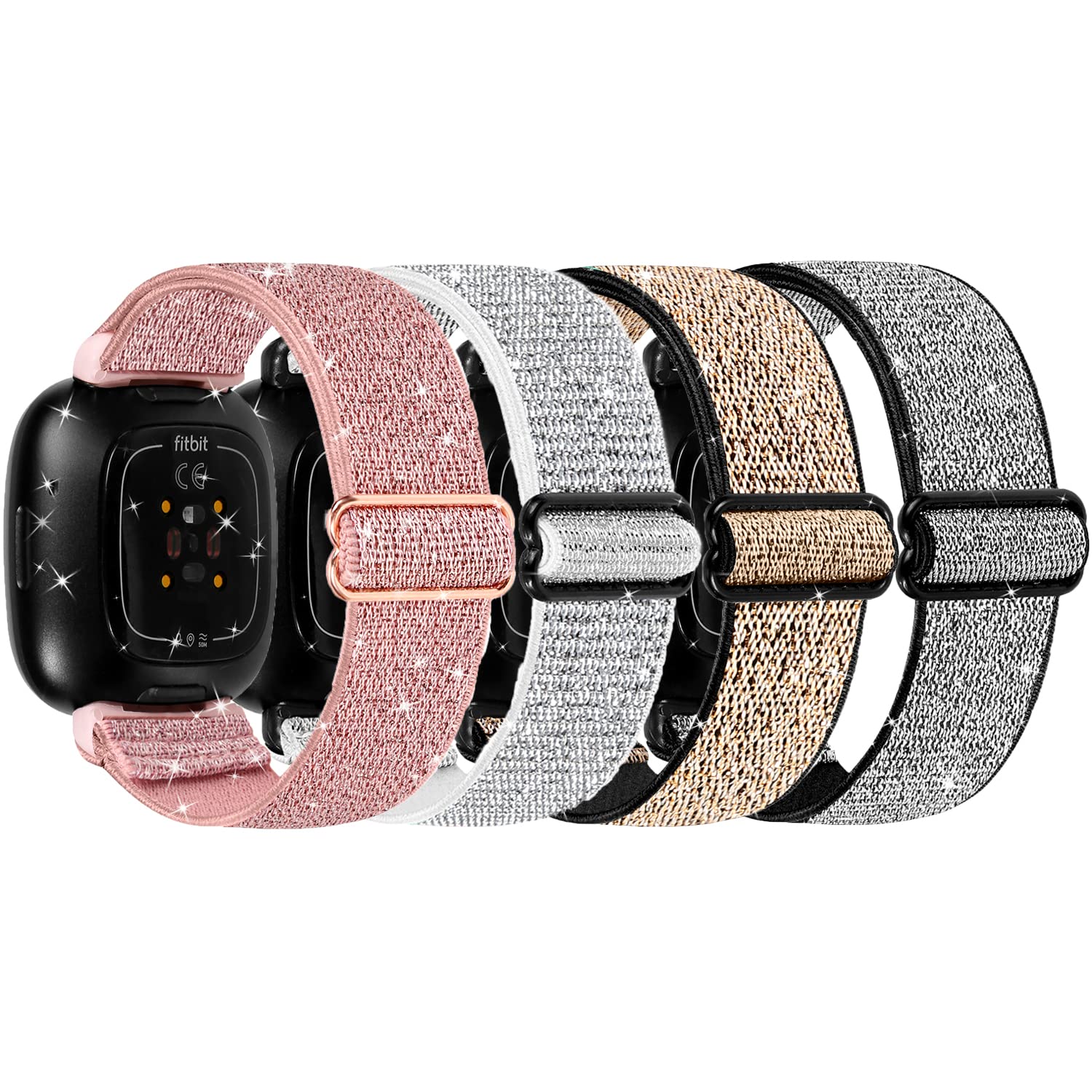 4 Pack Adjustable Nylon Band Only Compatible with Fitbit Sense/Versa 3, Shiny Soft Breathable Single Loop Elastic Replacement Band