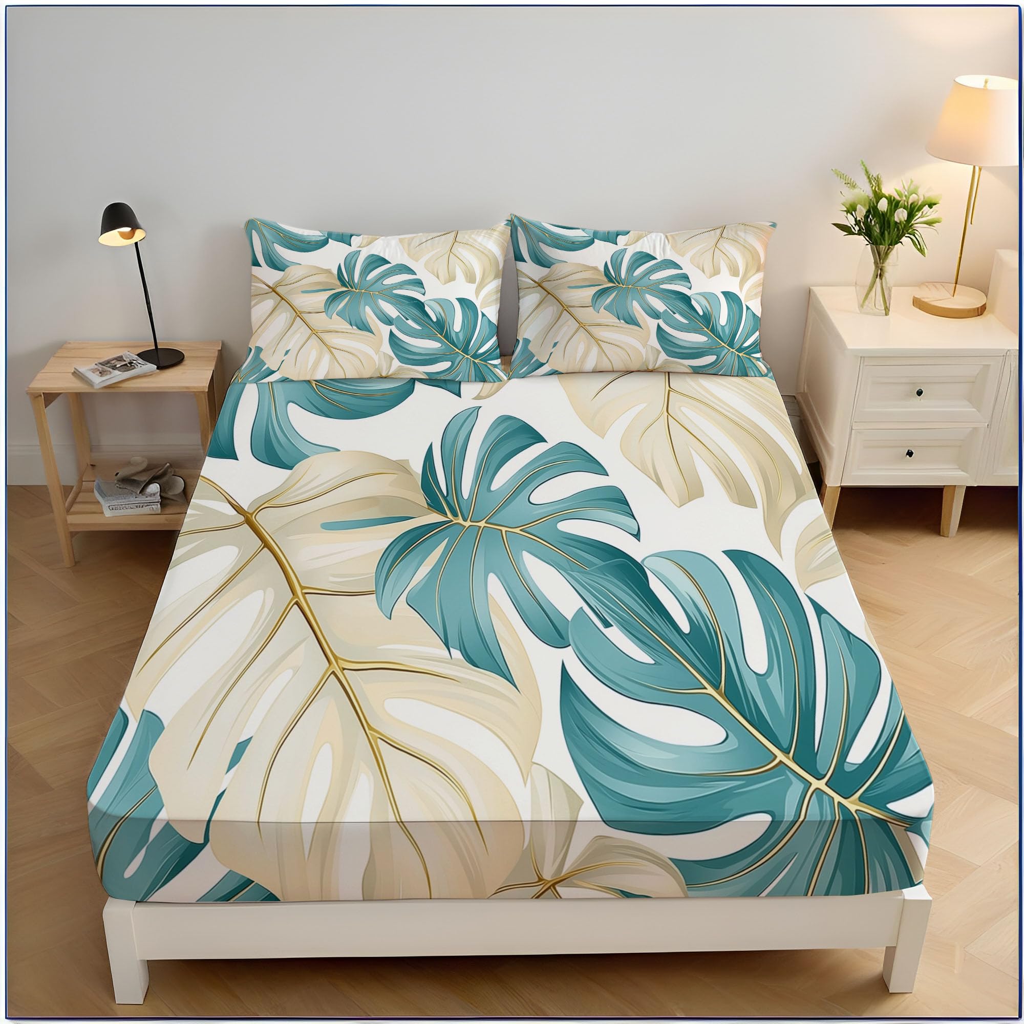 Drap housse imprimé feuille de monstera 160x200cm Mi Qing microfibre premium