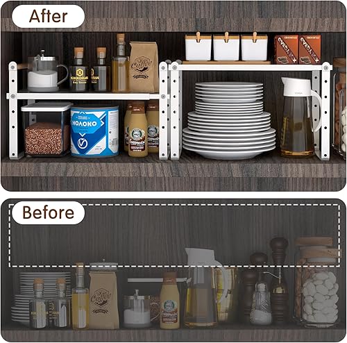 Miniatura 6 de RUILALIFE Organizador de estante expandible para armario de cocina, estantes apilables ajustables para despensa, baño, oficina, almacenamiento de