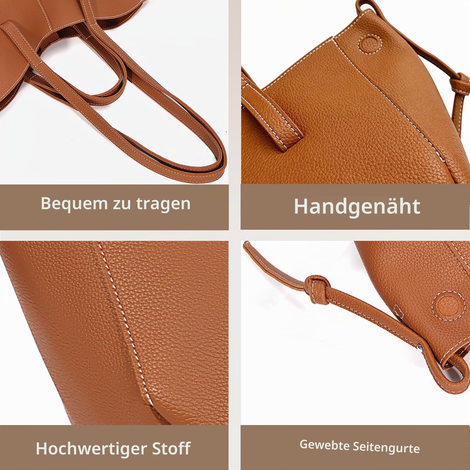 Damen Handtasche Flügeltasche Cyme Rindsleder Schultertaschen Eimer Taschen Elegant Tote Beutel Große Kapazität Tragetasche Henkeltaschen 2pcs für Reise Arbeit Shopper Alltag Braun L