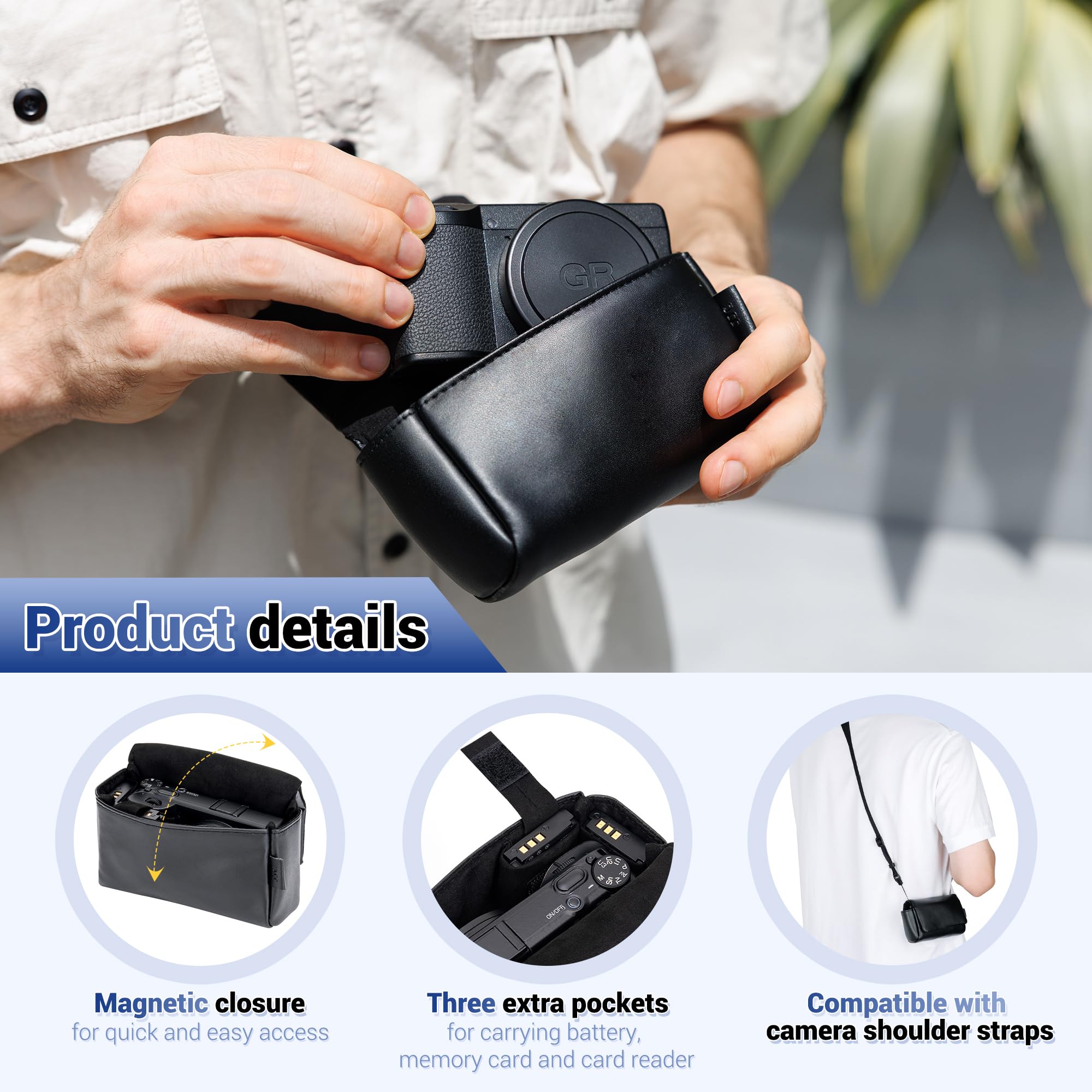 Skórzane kompaktowe, trwałe etui na aparat z zamknięciem magnetycznym do Canon PowerShot G7 X G7X Mark III II G7XM3 SX740 HS Lumix ZS99 RX100 VII VA VI V IV III II do Ricoh GR IV GR4 GR III X GR3X GR