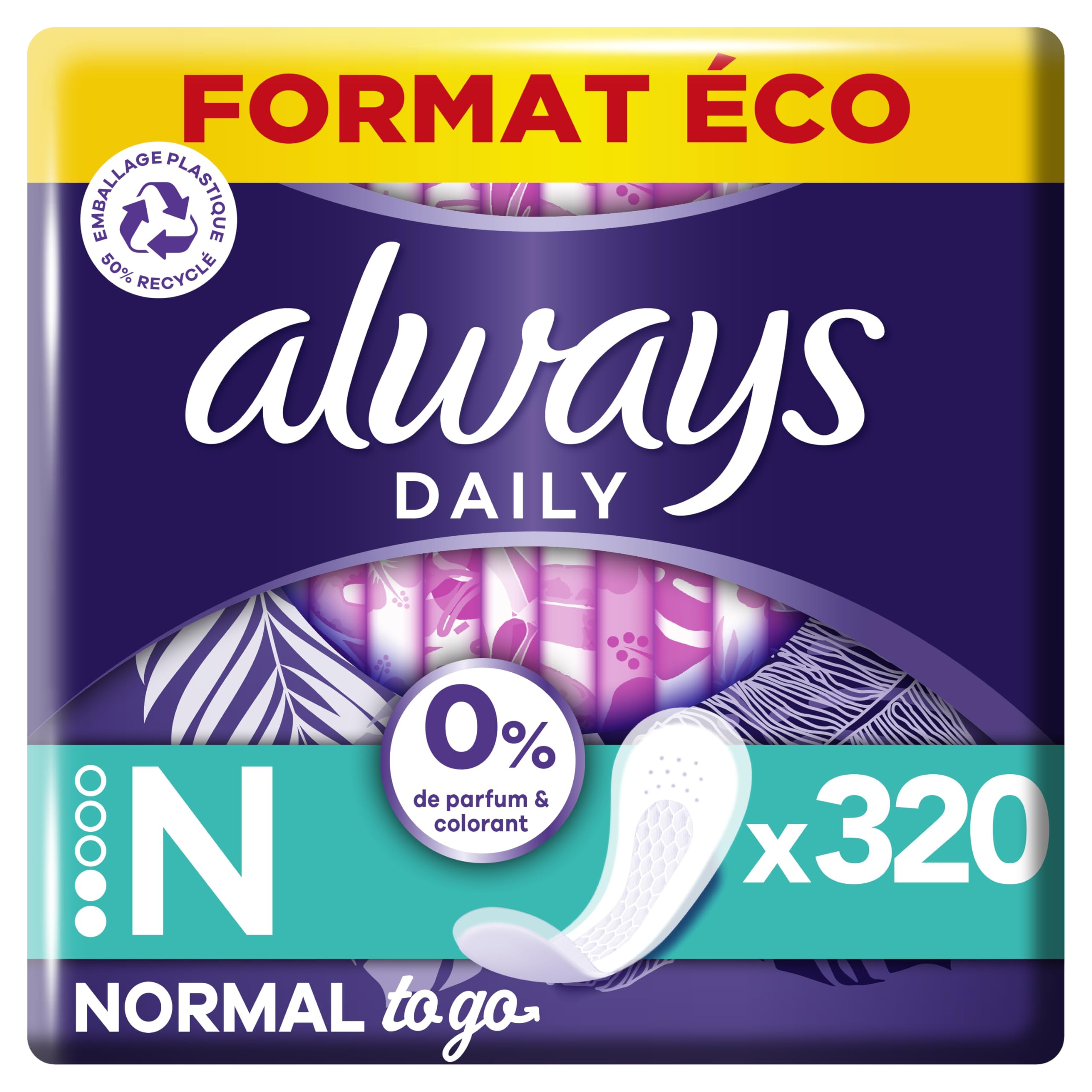 Always Daily Fresh Protège-Slips Normal Pochettes Individuelles 16x20 Unités, 0% de parfum et colorant, Pour ne sentir rien d’autre que fraîcheur et protection