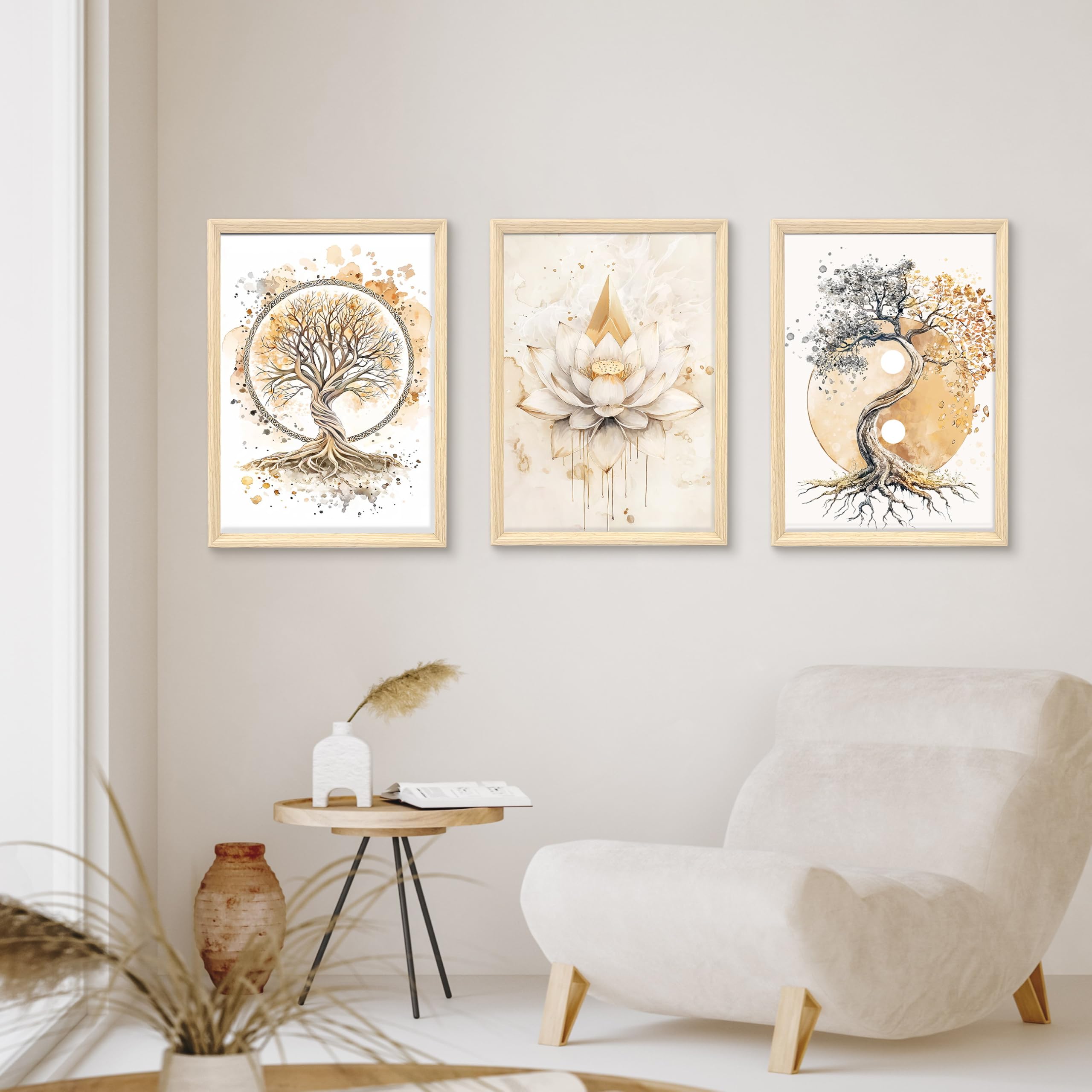 3 Pcs Wooden Framed Canvas Wall Art Set Bohemian Sage Green Canvas Prints Poster Geometric Line Beige Green Pictures for Living Room Bedroom Dinning Room Hallway Stairs Wall Decor 30x40cm x3pcs — view 224