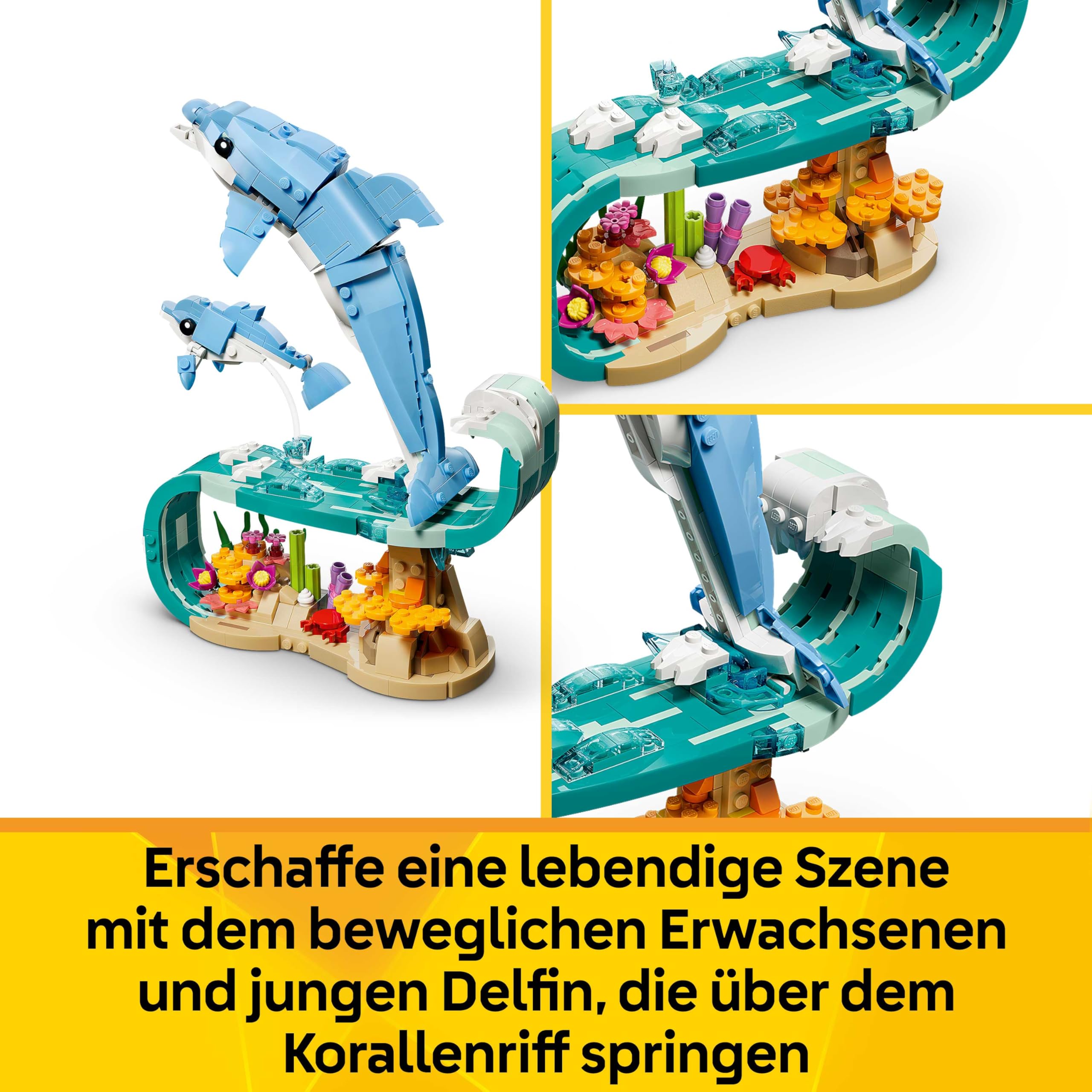 LEGO Creator 3-in-1-Set Meerestiere: Wunderschöne Delfine - Tierfiguren - Set mit 3 Optionen: Delfine, Seepferdchen & Krabbe - Spielzeug für Kinder ab 9 Jahren - Geschenk für Mädchen & Jungen - 31385