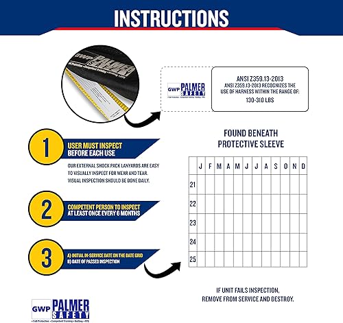 Miniatura 5 de Palmer Safety Arnés de seguridad con cordón desmontable de 6 pies I cordón de una sola pierna con absorción interna de golpes y gancho a presión